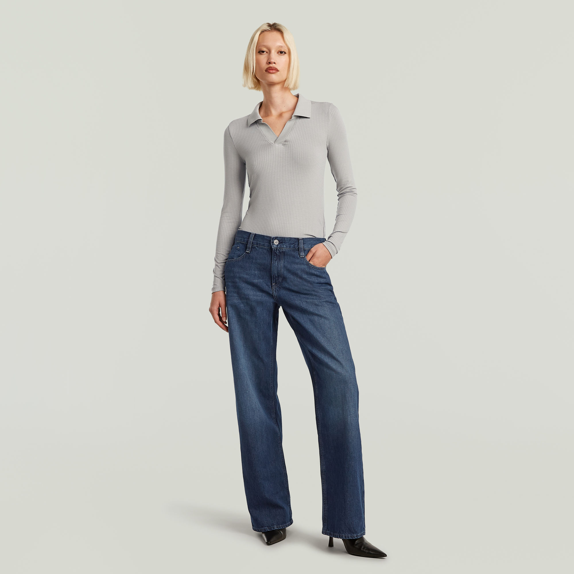 G-Star RAW Ribbed Slim Longsleeve Polo Grijs Dames
