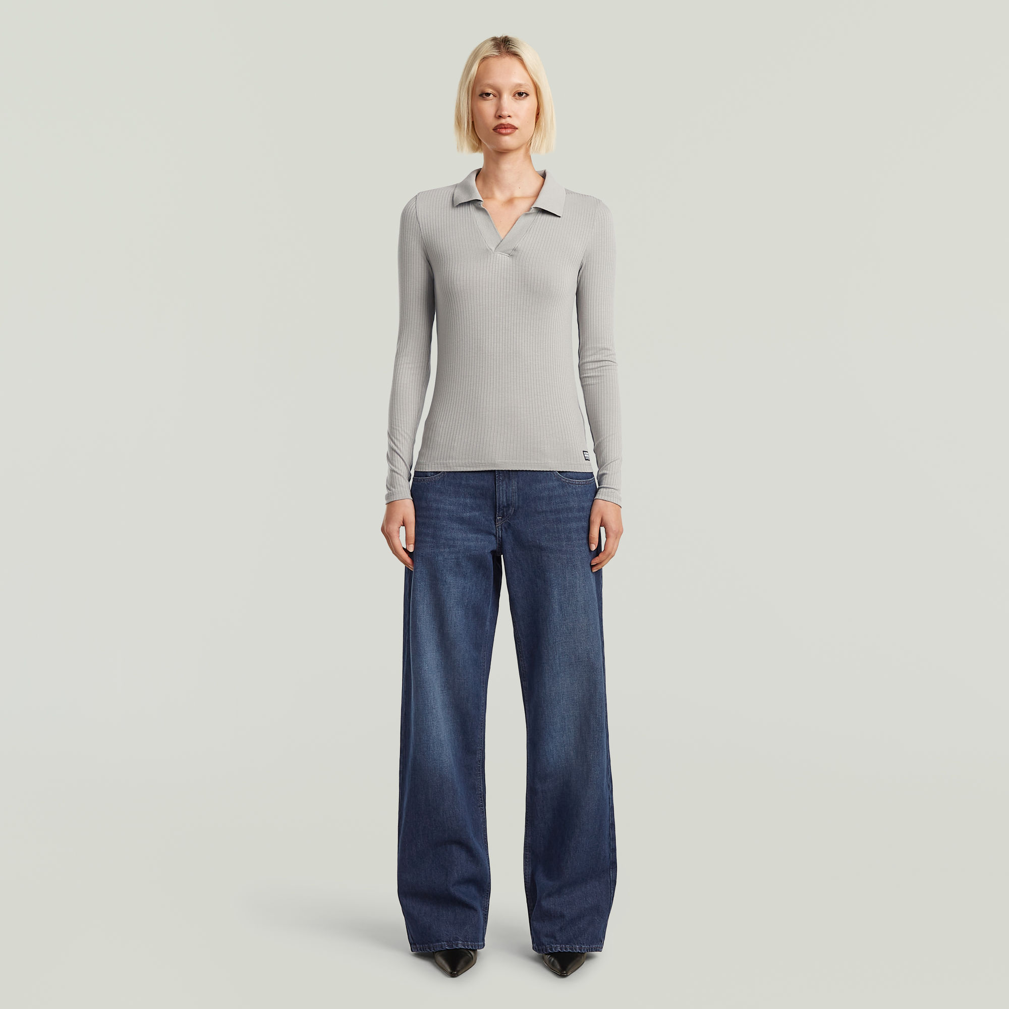Thumbnail - Ribbed Slim Polo Long Sleeve - Grau - Damen