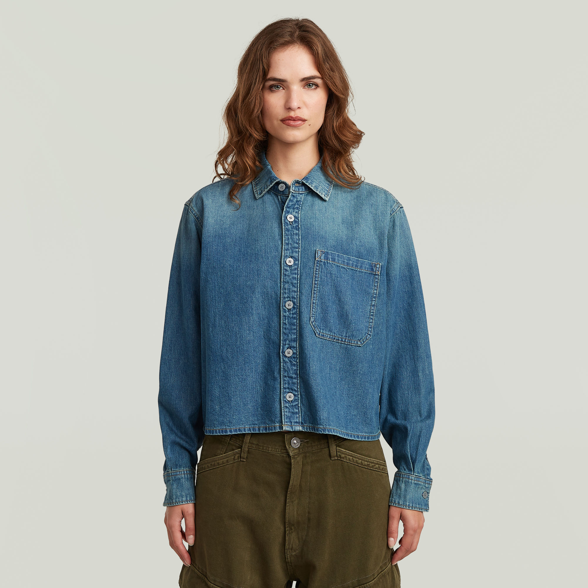 Boxy Relaxed One-Pocket Shirt - Mittelblau - Damen