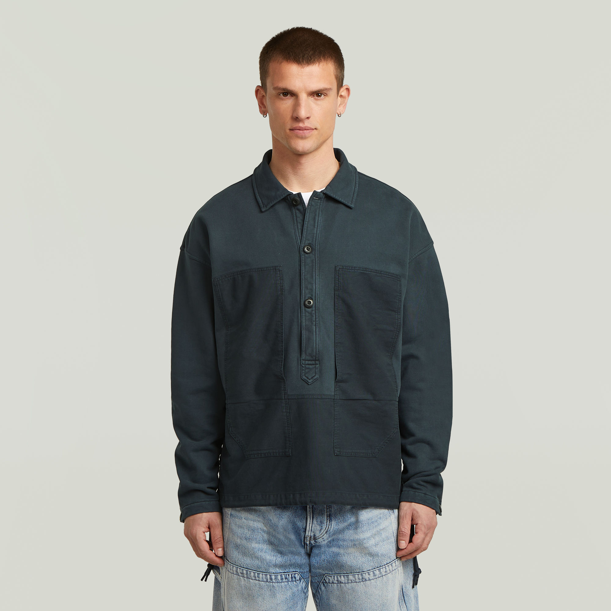 Washed Fabric Mix Loose Sweatshirt - Dunkelblau - Herren