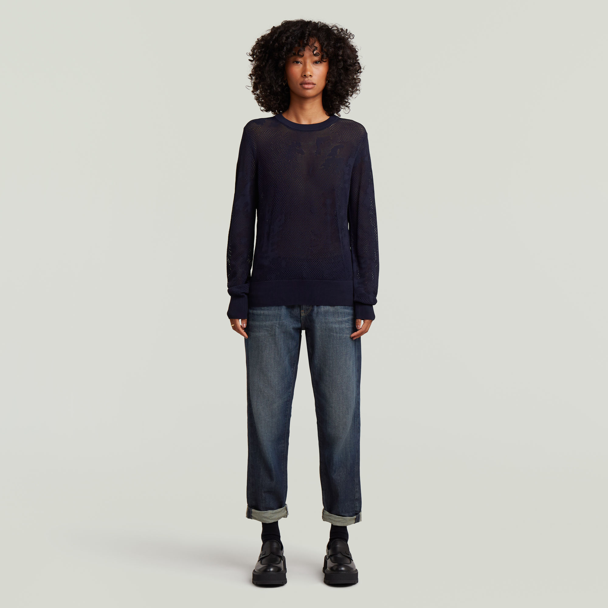 Thumbnail - Pointelle Knit Pullover - Dunkelblau - Damen