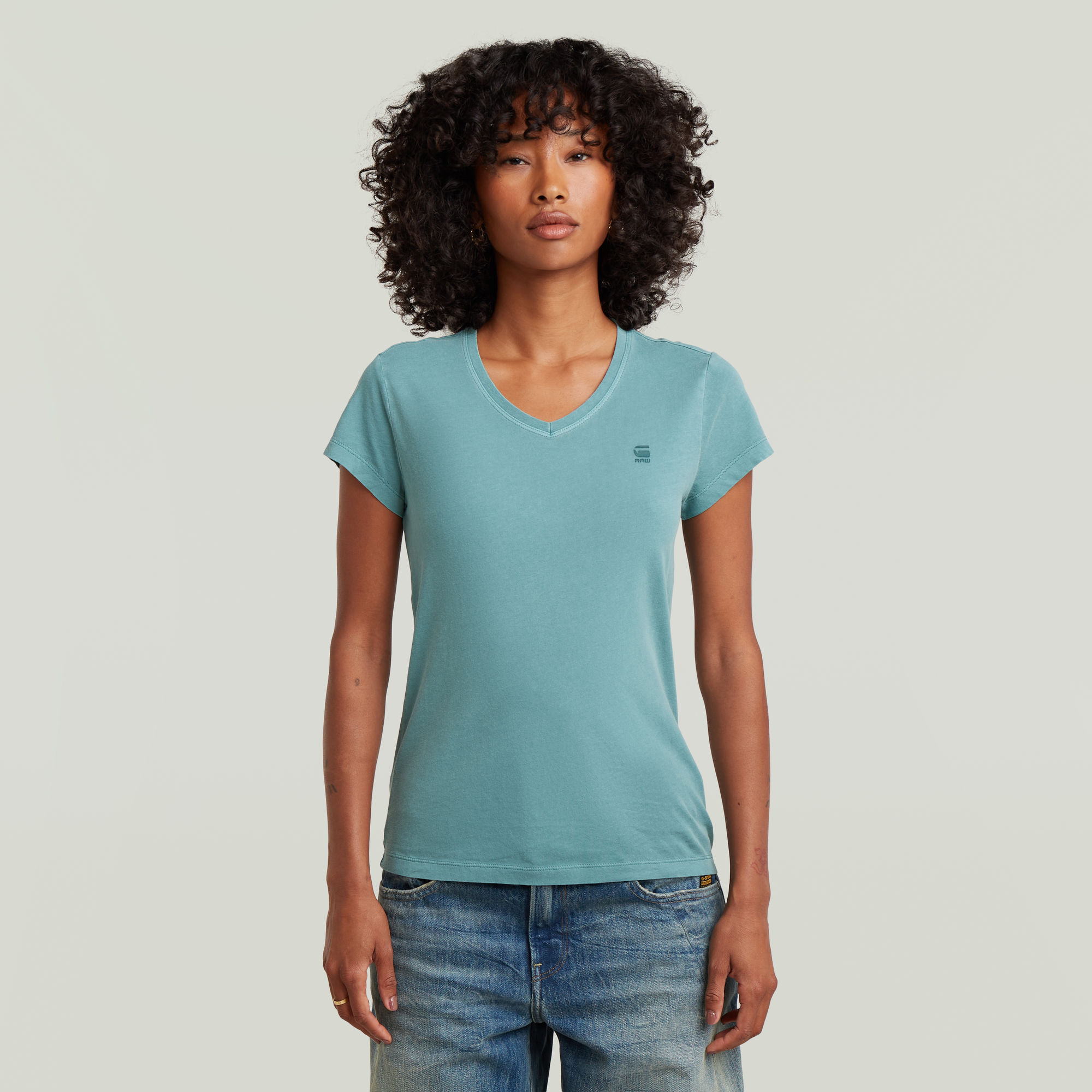 Overdyed Eyben Slim V T-Shirt 2.0 - Mittelblau - Damen