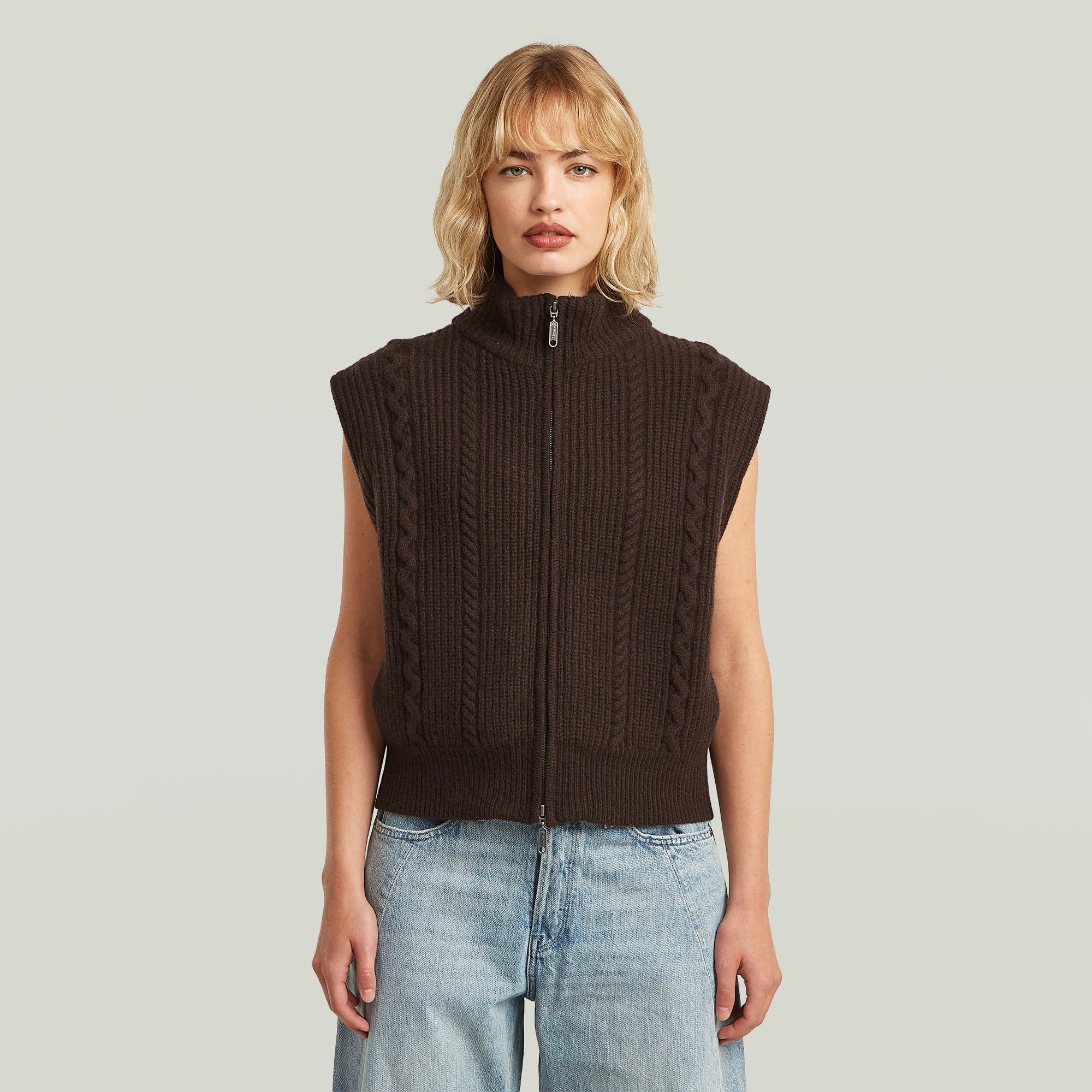 

Cable Full Zip Vest Knit - Braun - Damen
