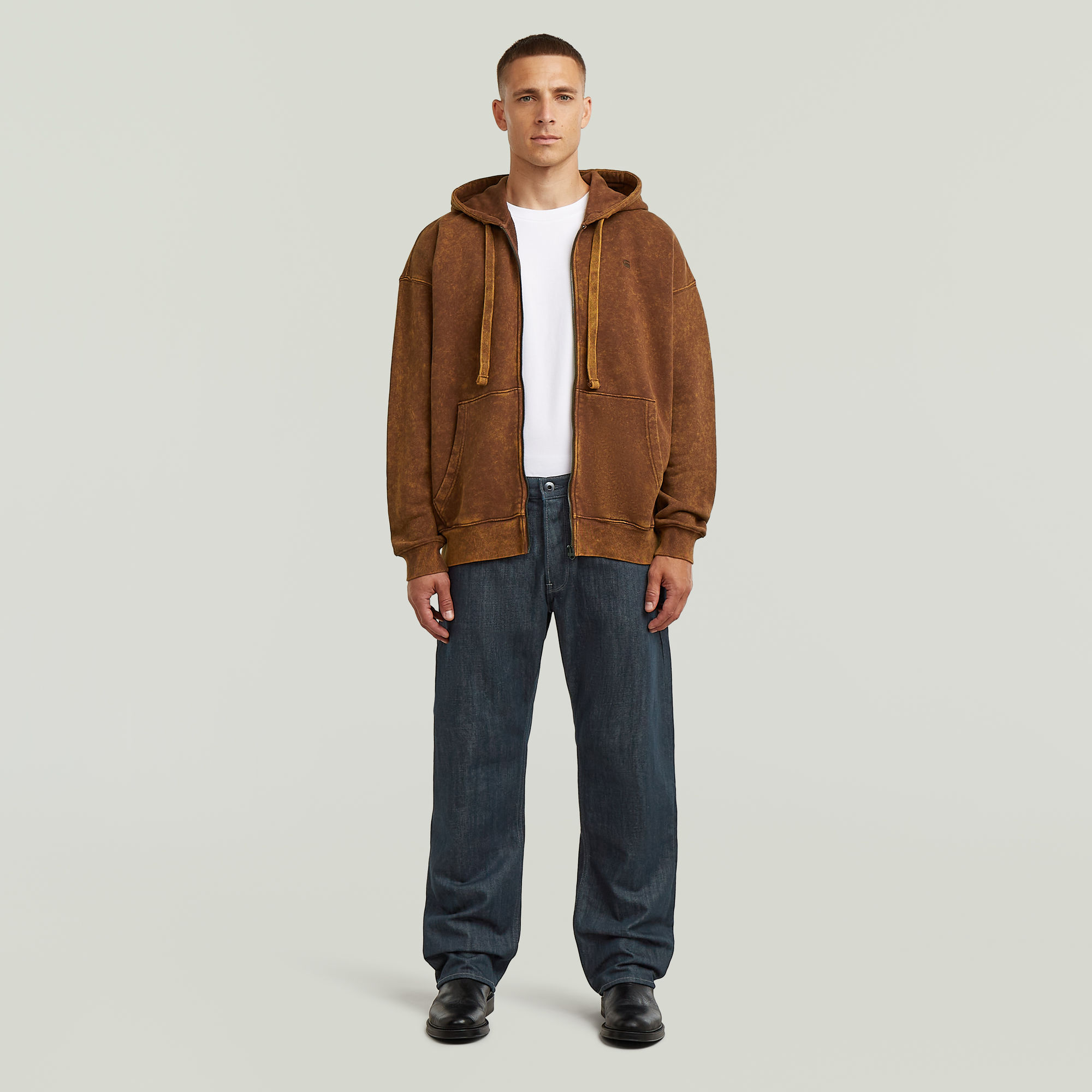 Thumbnail - Washed Loose Full Zip Hoodie - Braun - Herren