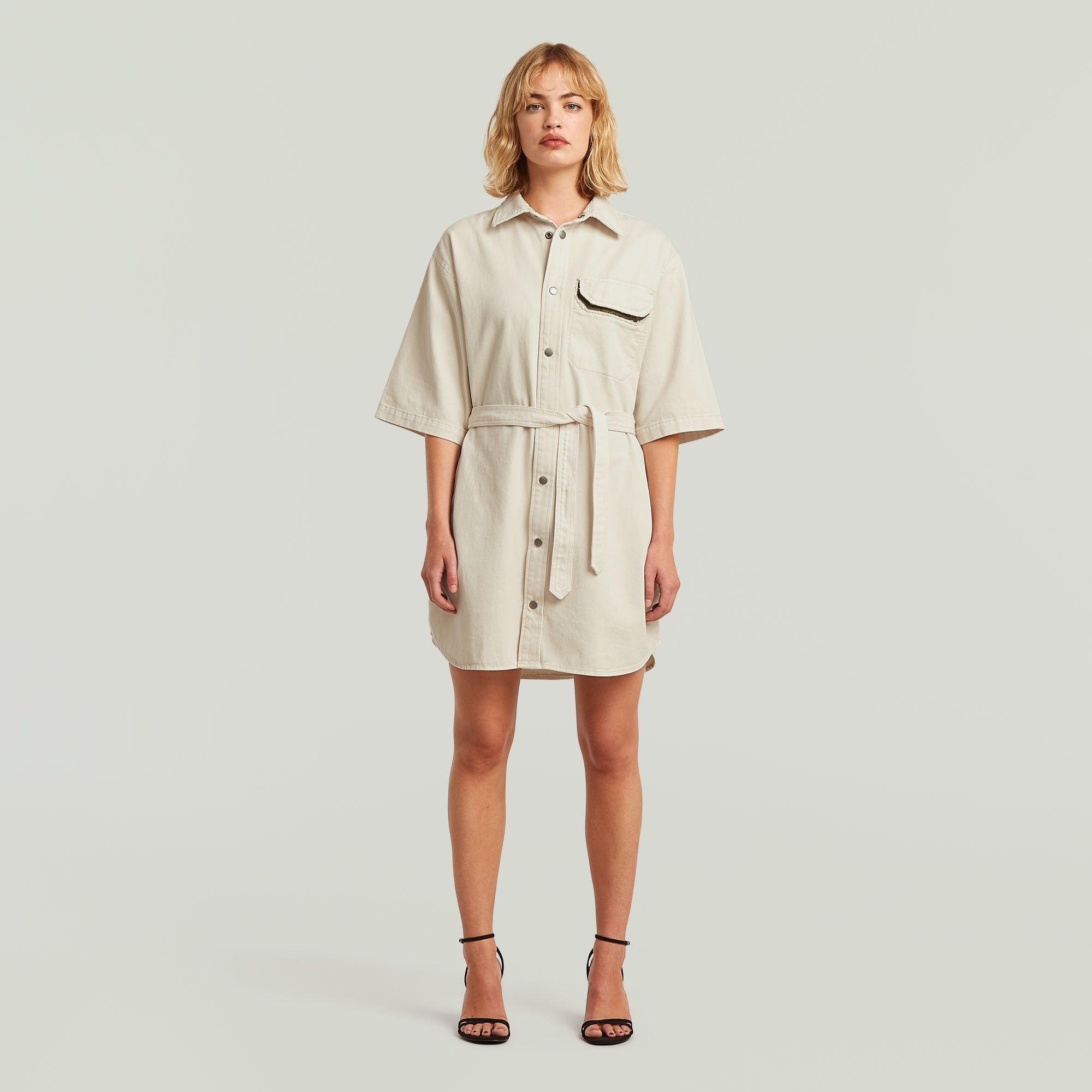 Thumbnail - Belted Army Hemdkleid - Beige - Damen