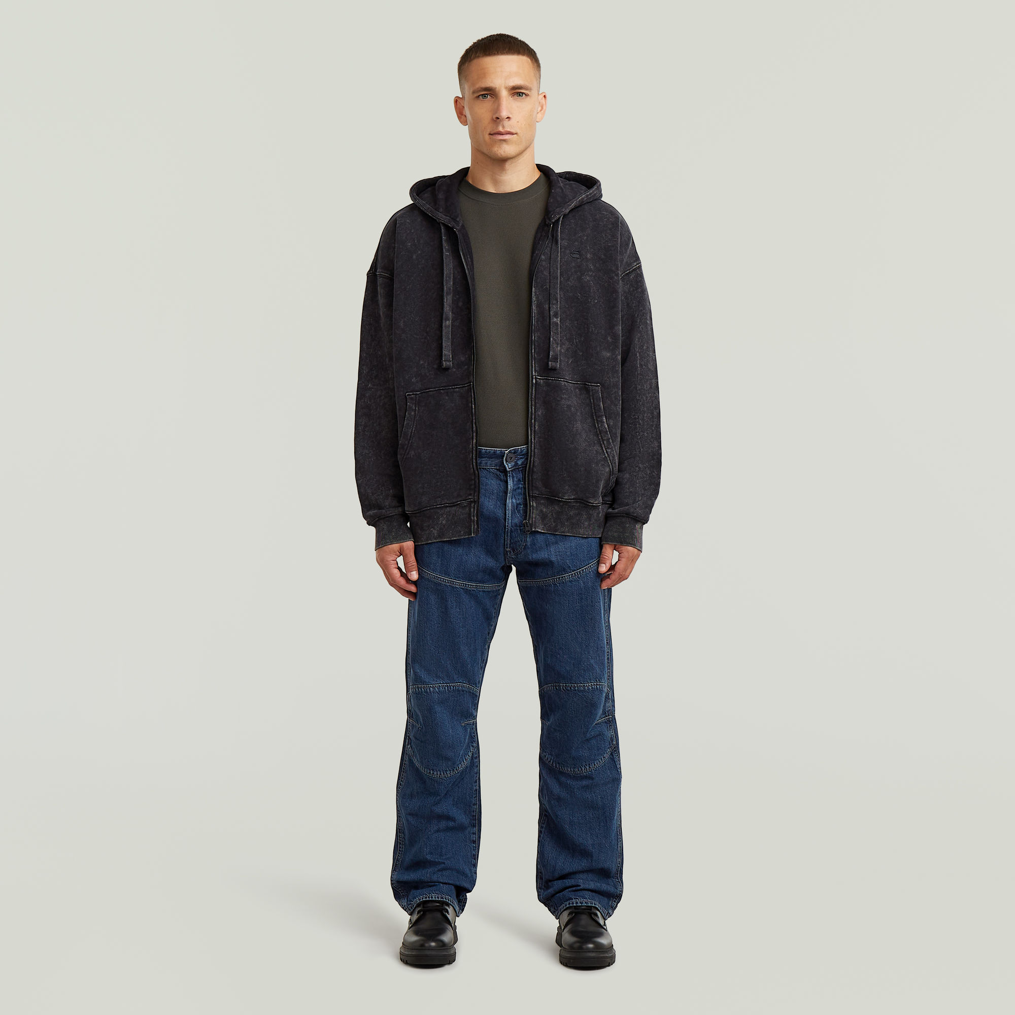 Thumbnail - Washed Loose Full Zip Hoodie - Schwarz - Herren