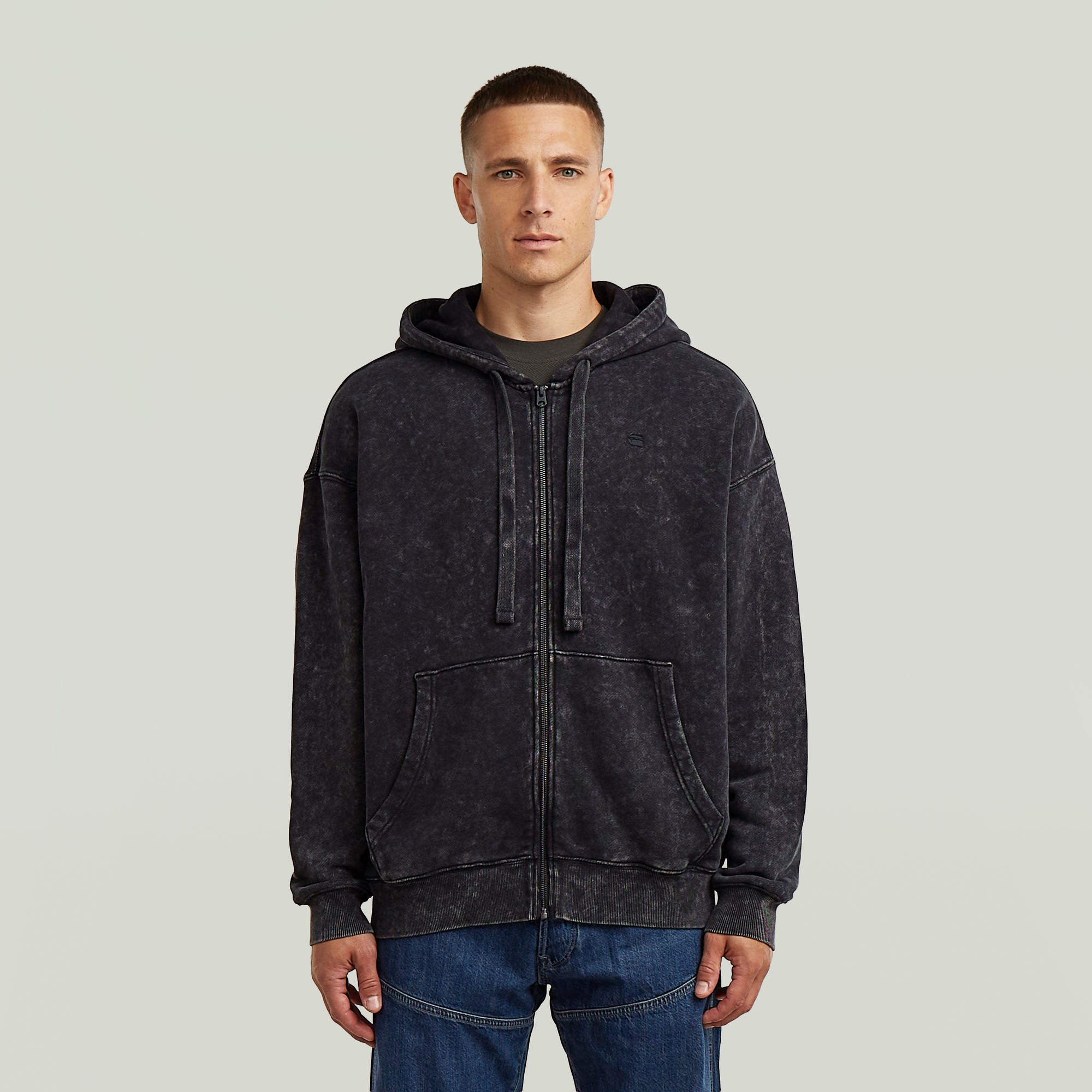 Washed Loose Full Zip Hoodie - Schwarz - Herren