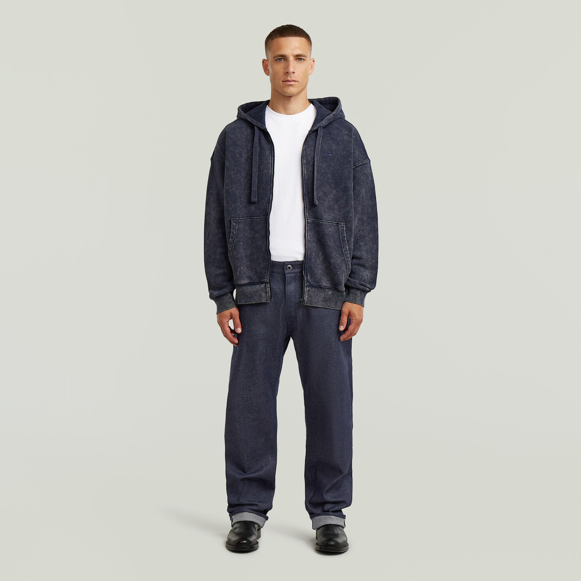 Thumbnail - Washed Loose Full Zip Hoodie - Dunkelblau - Herren