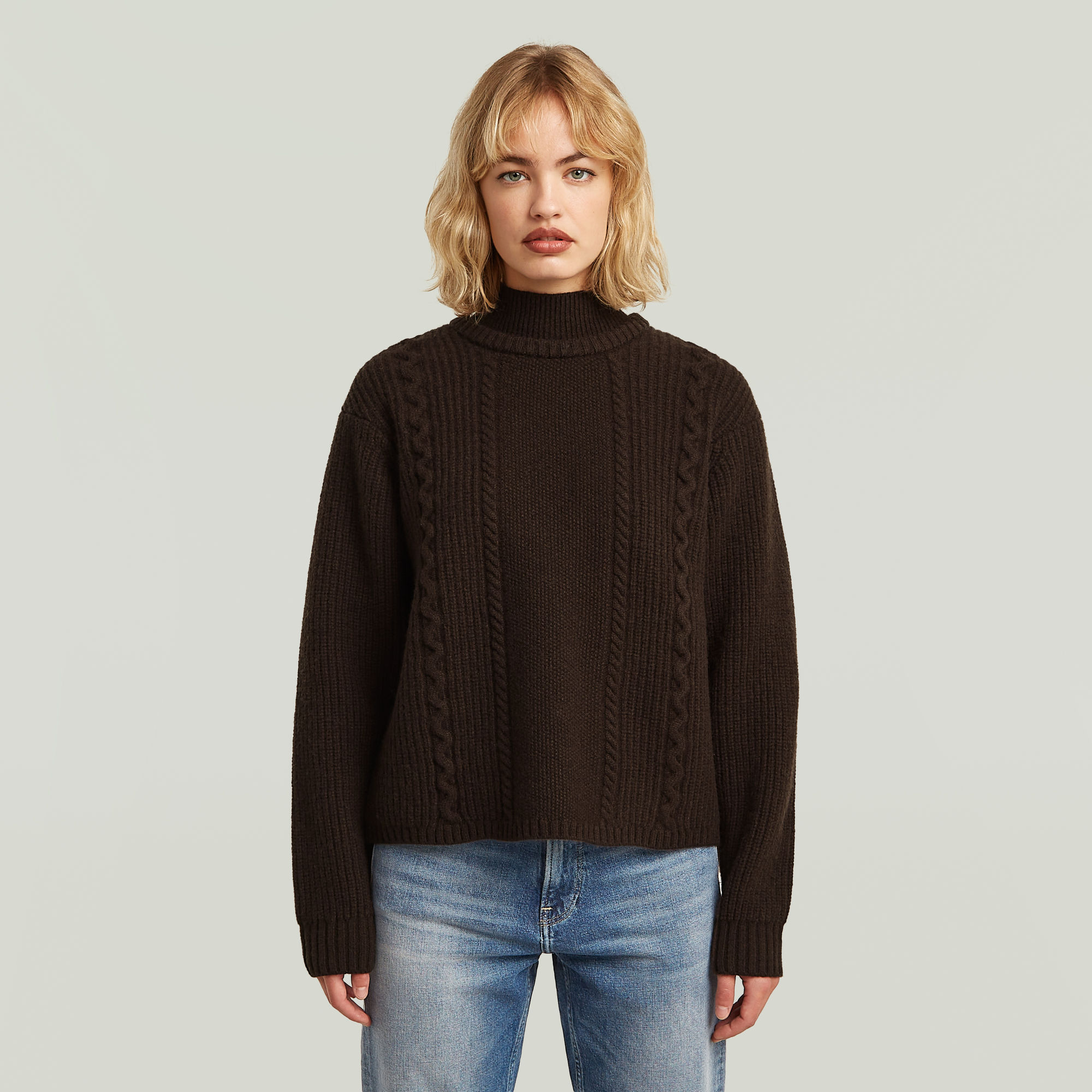 

Cable Double Collar Knit - Brown - Women