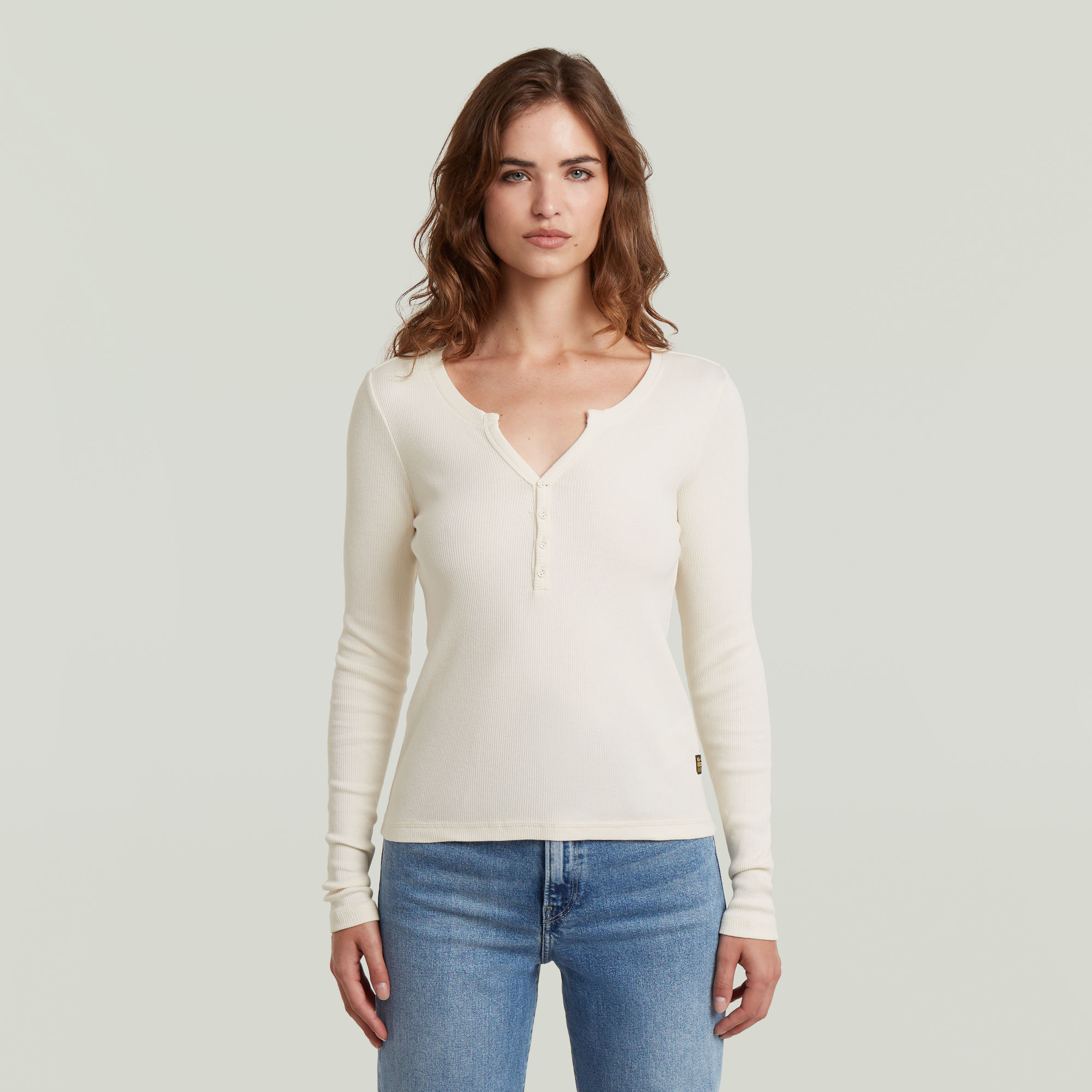 Deep V Henley Slim T-Shirt - Beige - Damen
