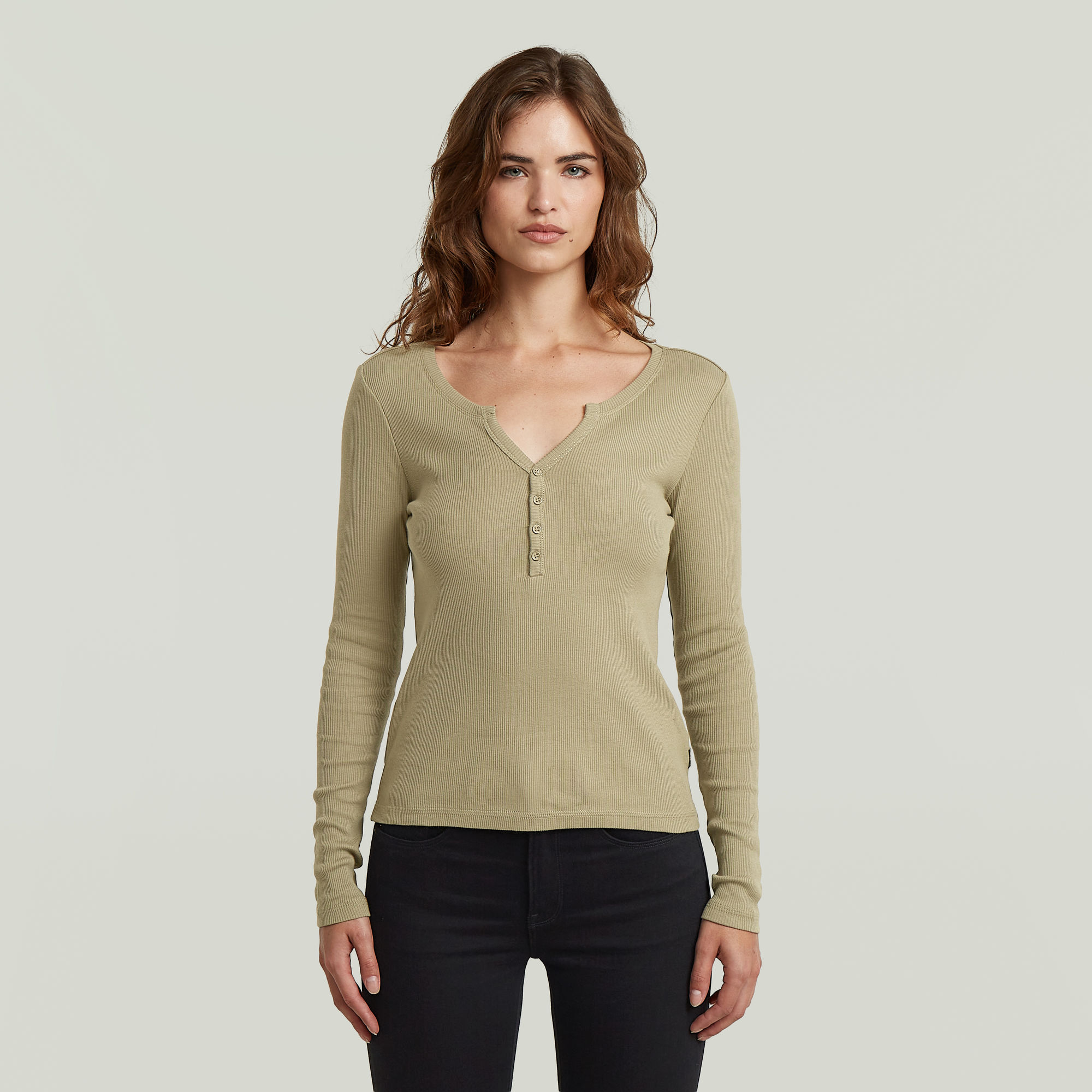 Deep V Henley Slim T-Shirt - Grün - Damen