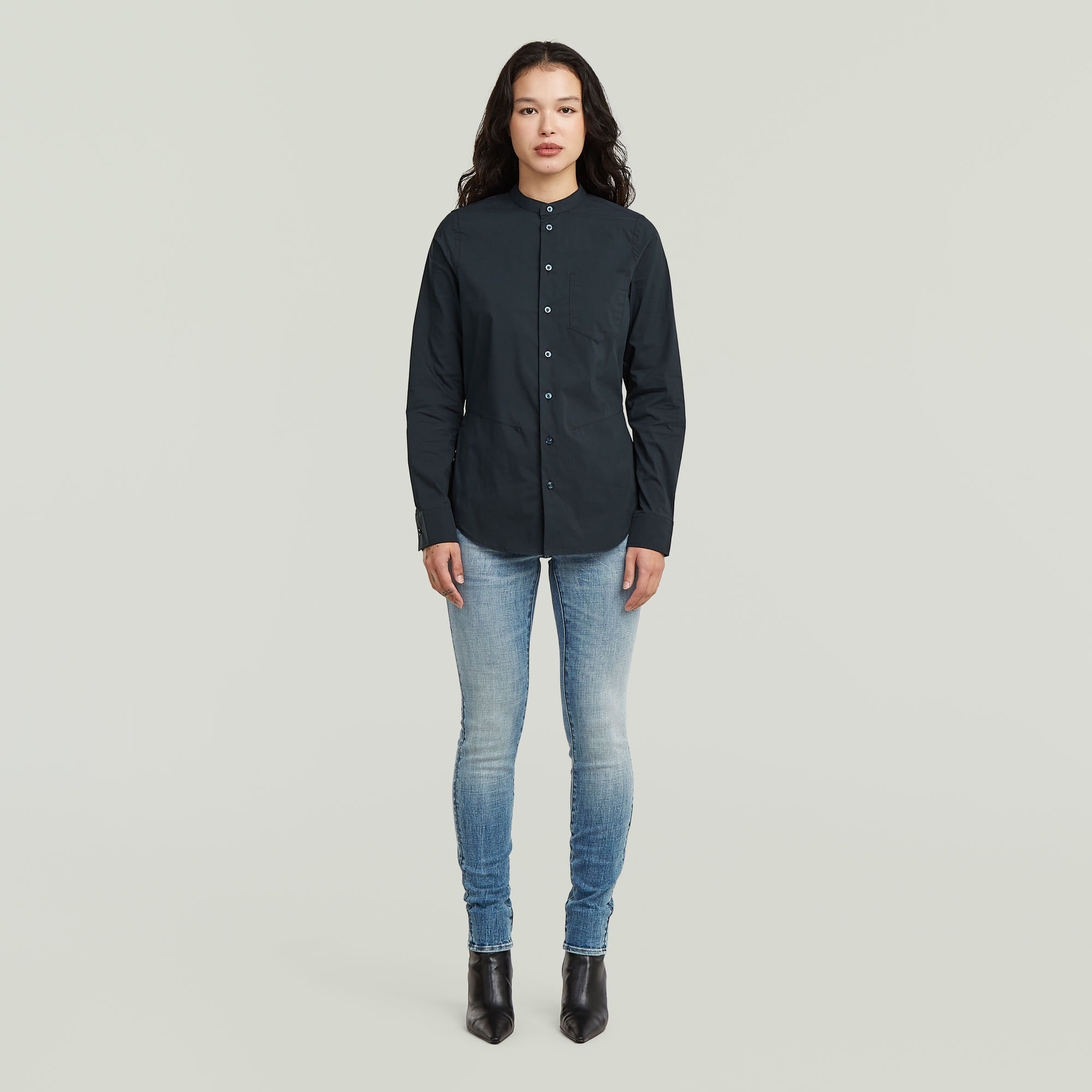 Thumbnail - Slim Poplin Long Sleeve Shirt - Dunkelblau - Damen