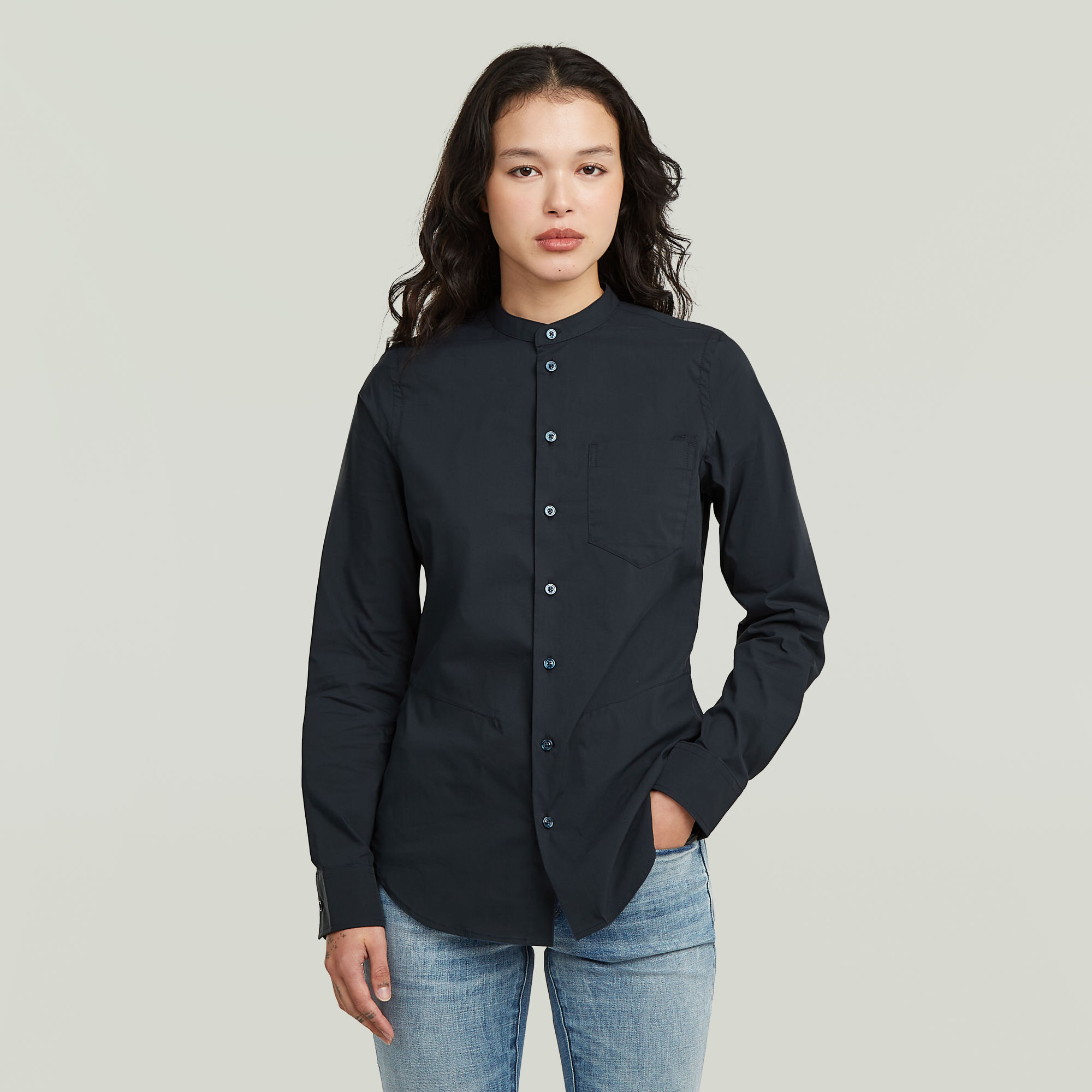 Slim Poplin Long Sleeve Shirt - Dunkelblau - Damen