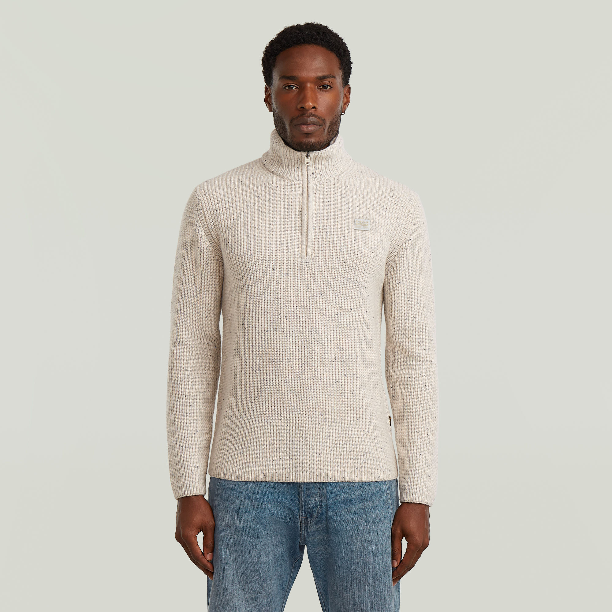 Double Collar Half Zip Knit - Weiß - Herren