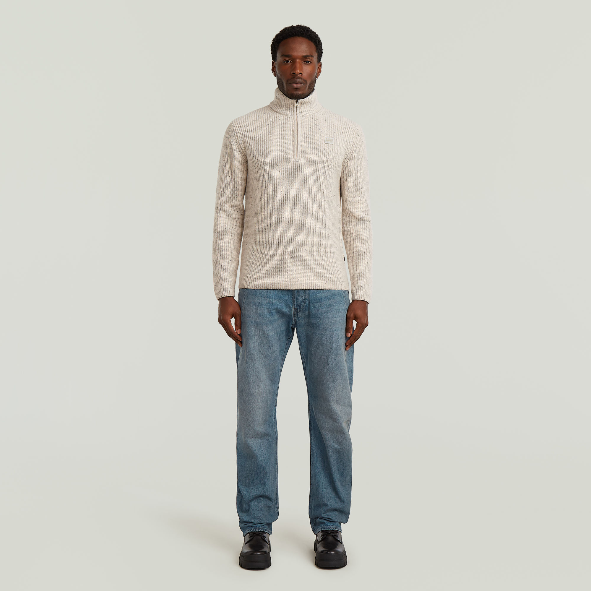 Thumbnail - Double Collar Half Zip Knit - Weiß - Herren