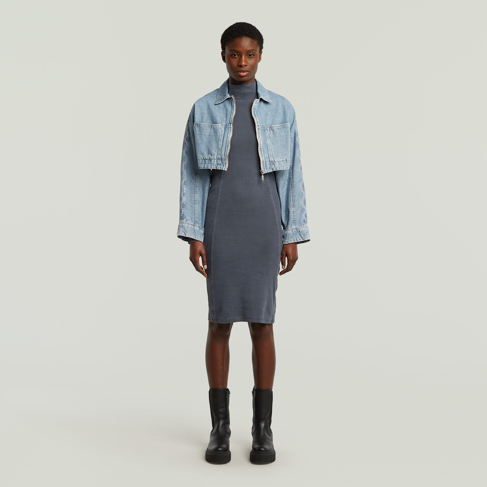 Thumbnail - Washed Slim Rib Kleid - Dunkelblau - Damen