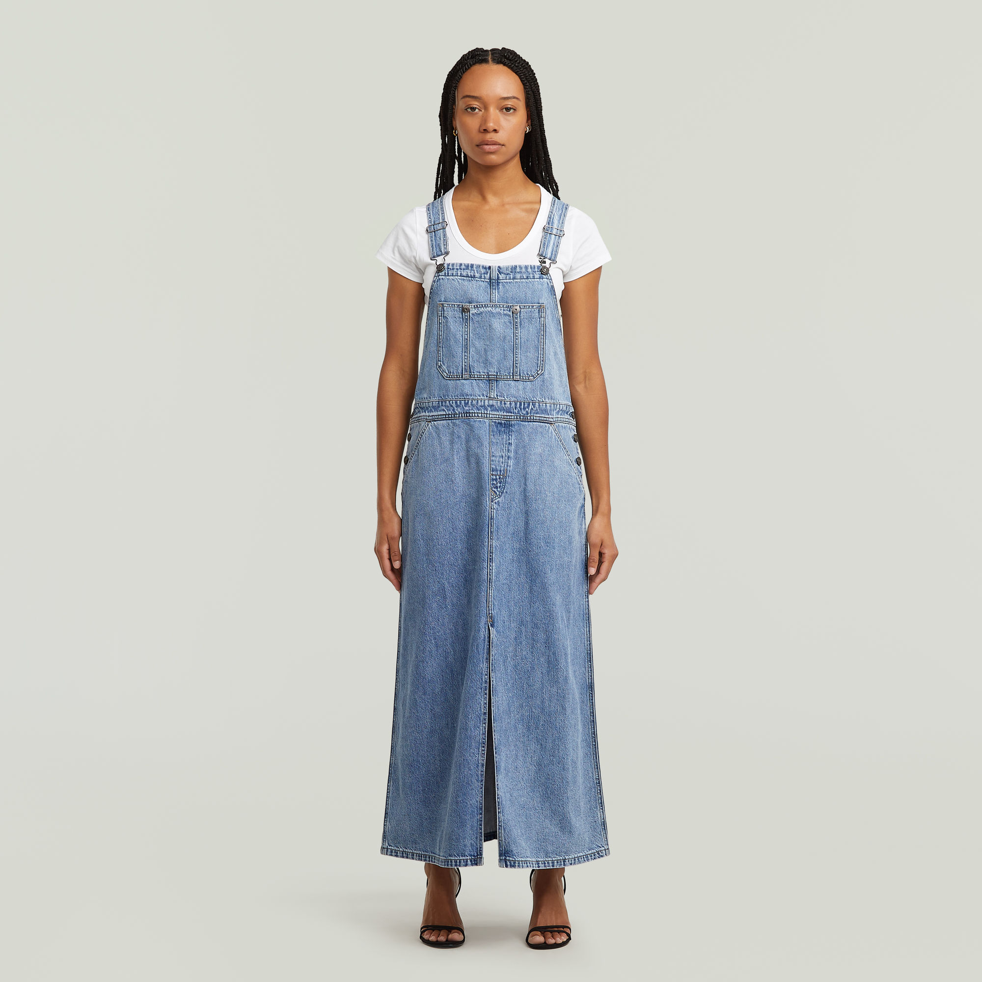 Thumbnail - Skater Maxi Dungaree Kleid - Mittelblau - Damen