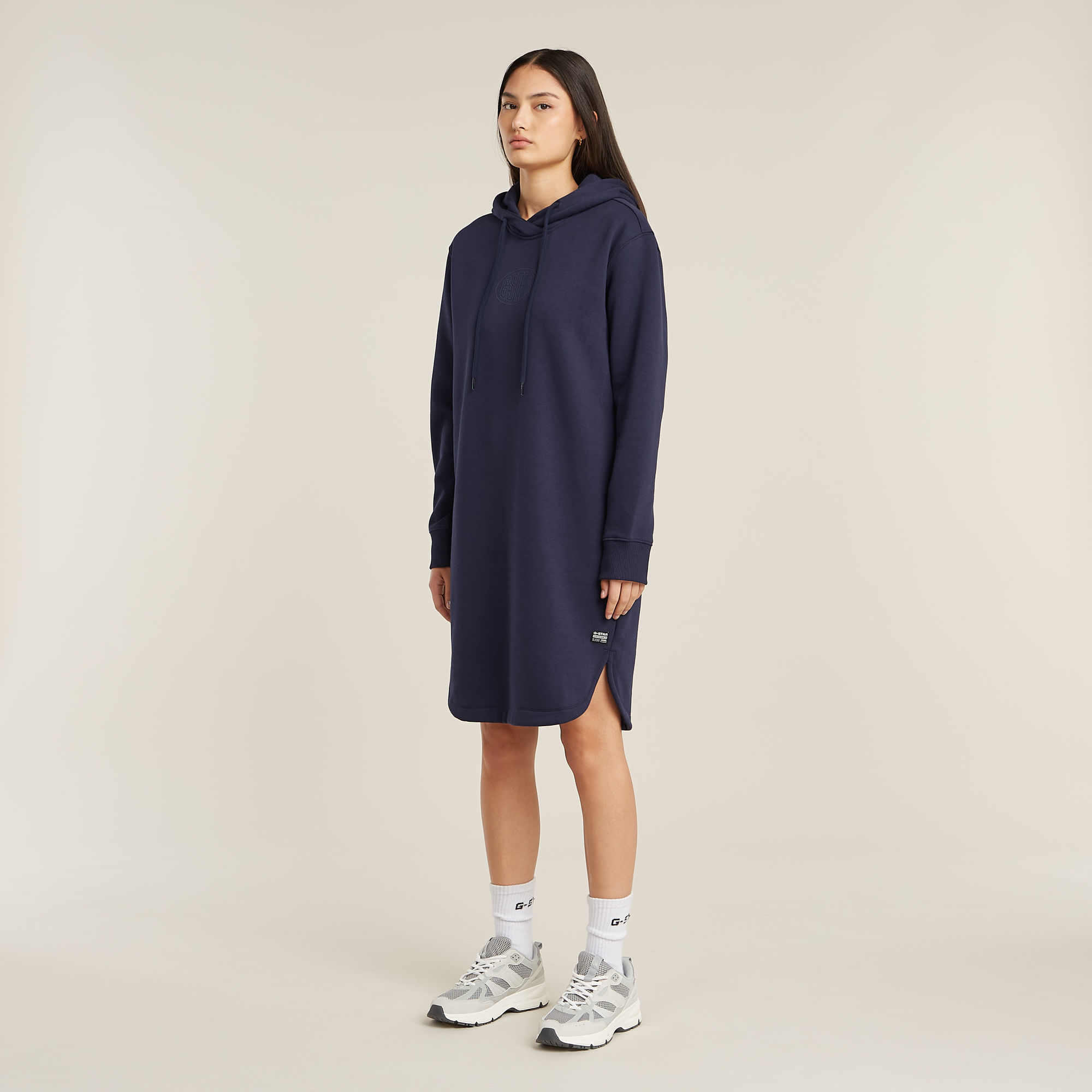 Thumbnail - Logo Hooded Sweater Kleid - Dunkelblau - Damen