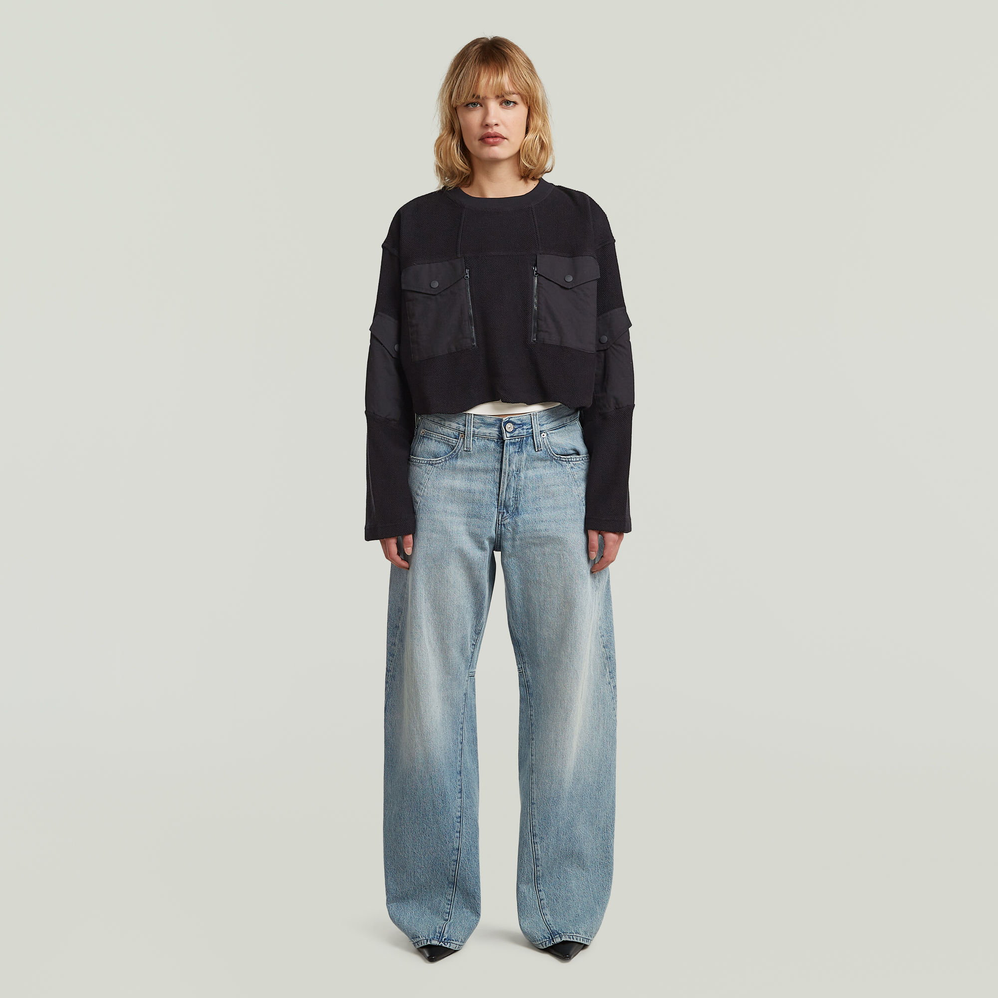 Thumbnail - Multi Pocket Mix Loose Cropped Sweater - Schwarz - Damen