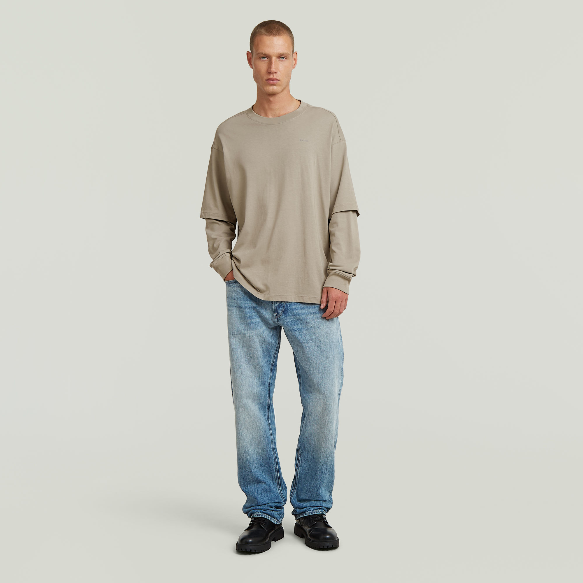 Thumbnail - Double Sleeve Loose T-Shirt - Beige - Herren