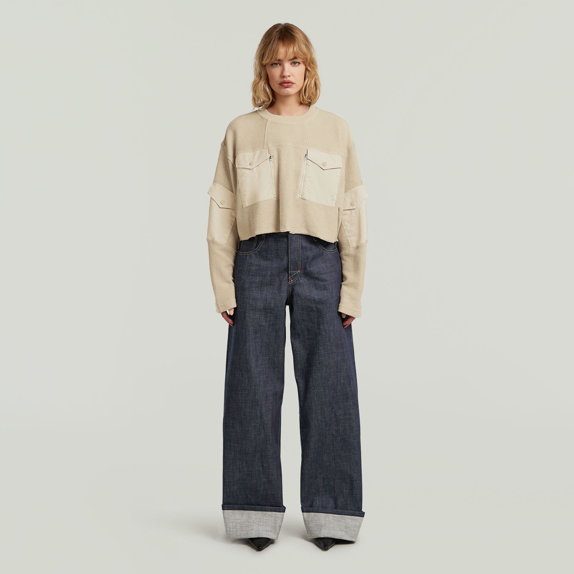 Thumbnail - Multi Pocket Mix Loose Cropped Sweater - Beige - Damen