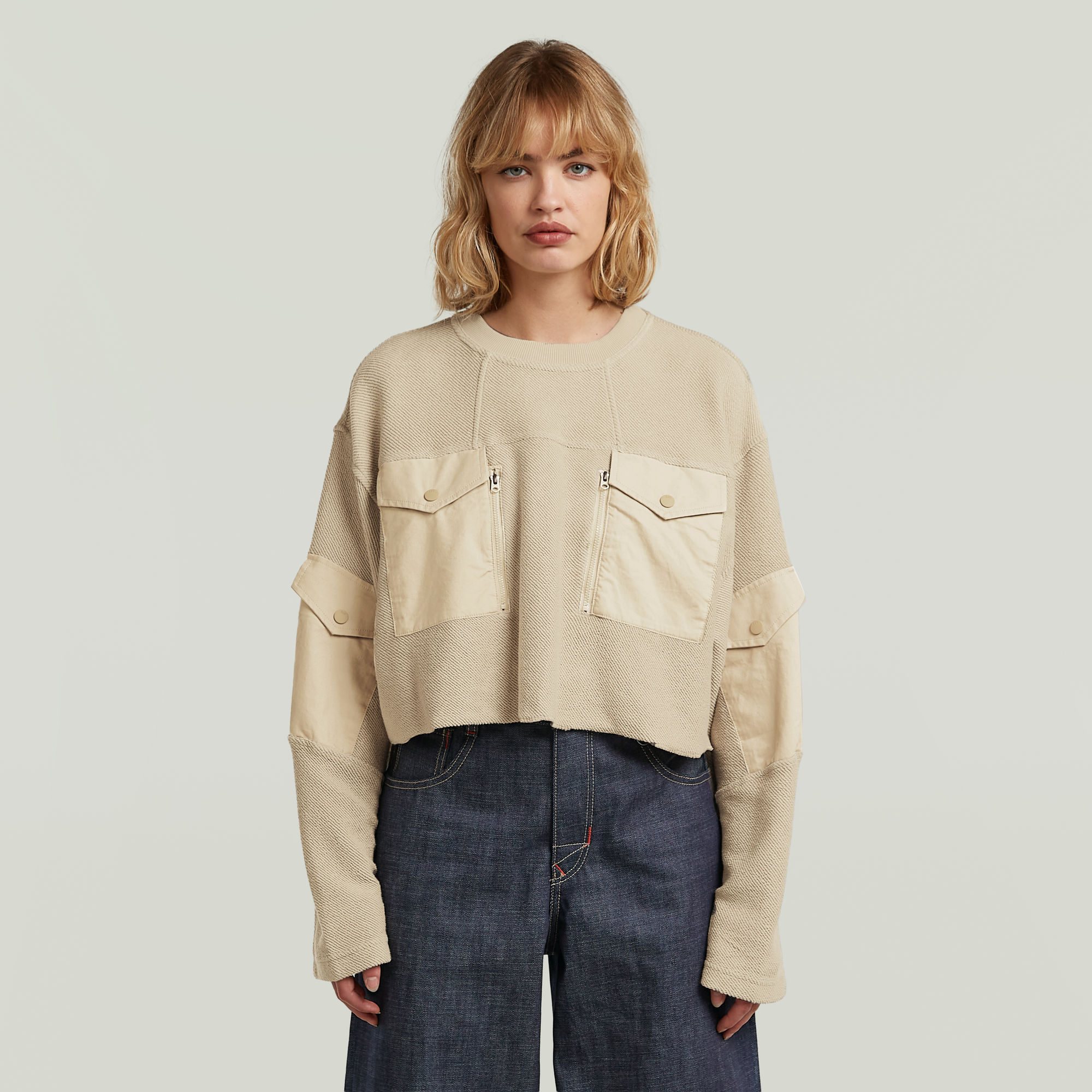 Multi Pocket Mix Loose Cropped Sweater - Beige - Damen