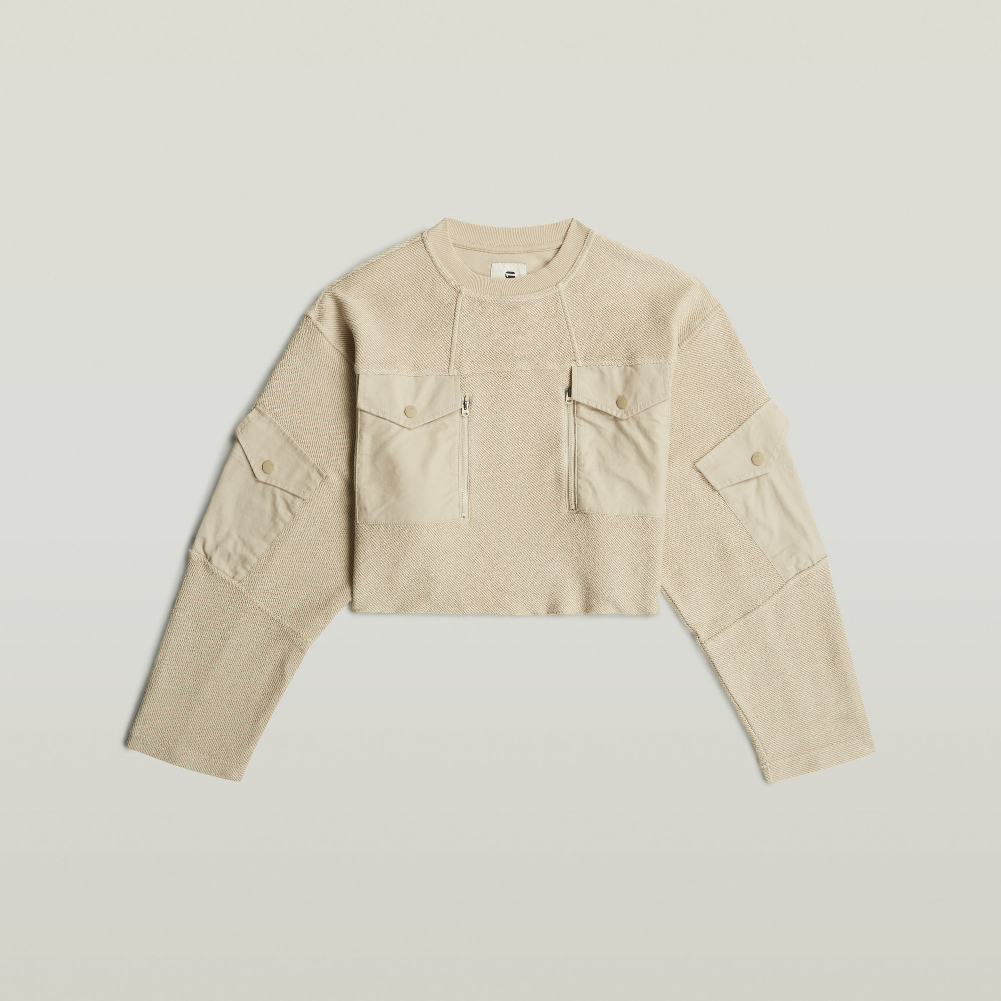 Thumbnail - Multi Pocket Mix Loose Cropped Sweater - Beige - Damen