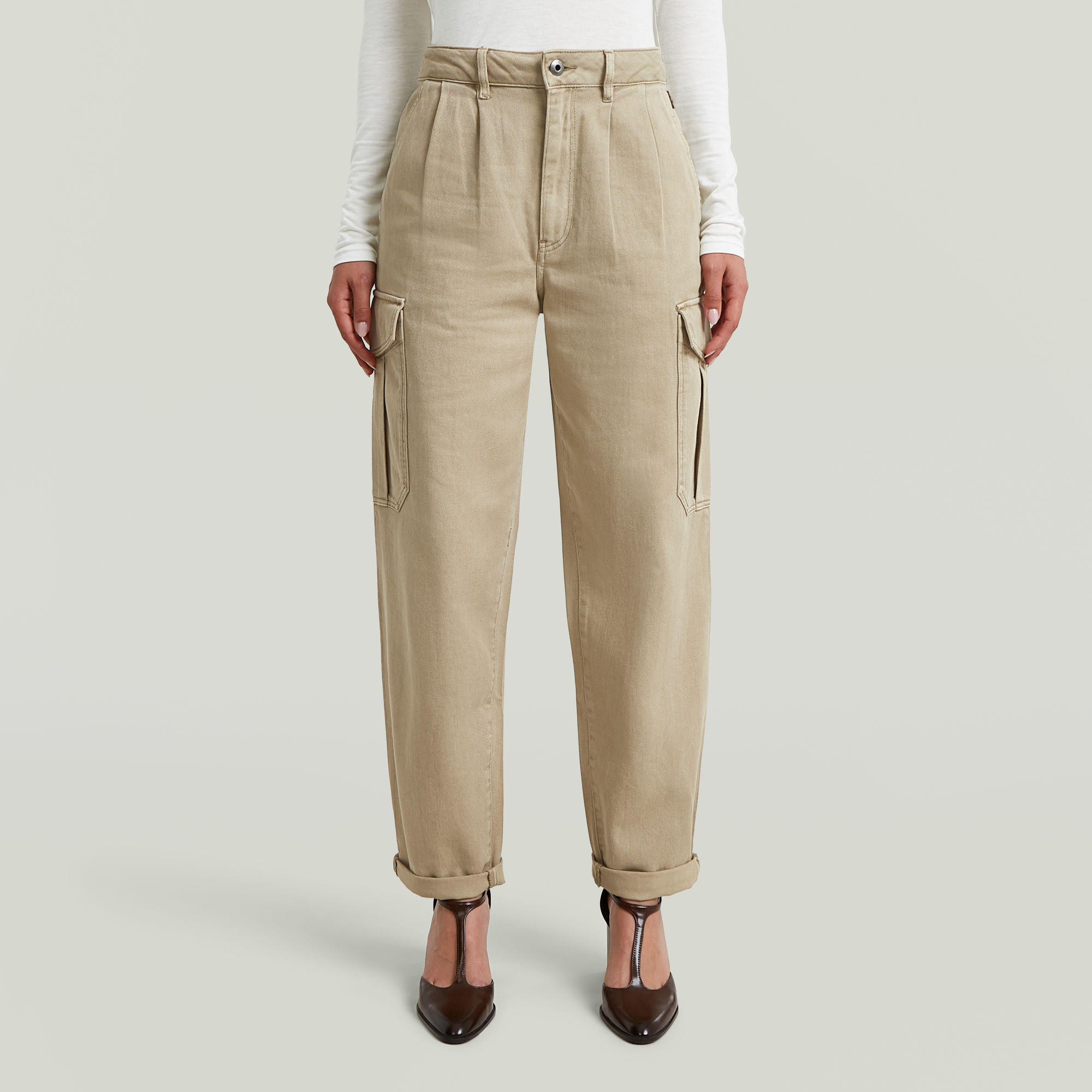 Pleated Tapered Cargo Chino - Beige - Damen