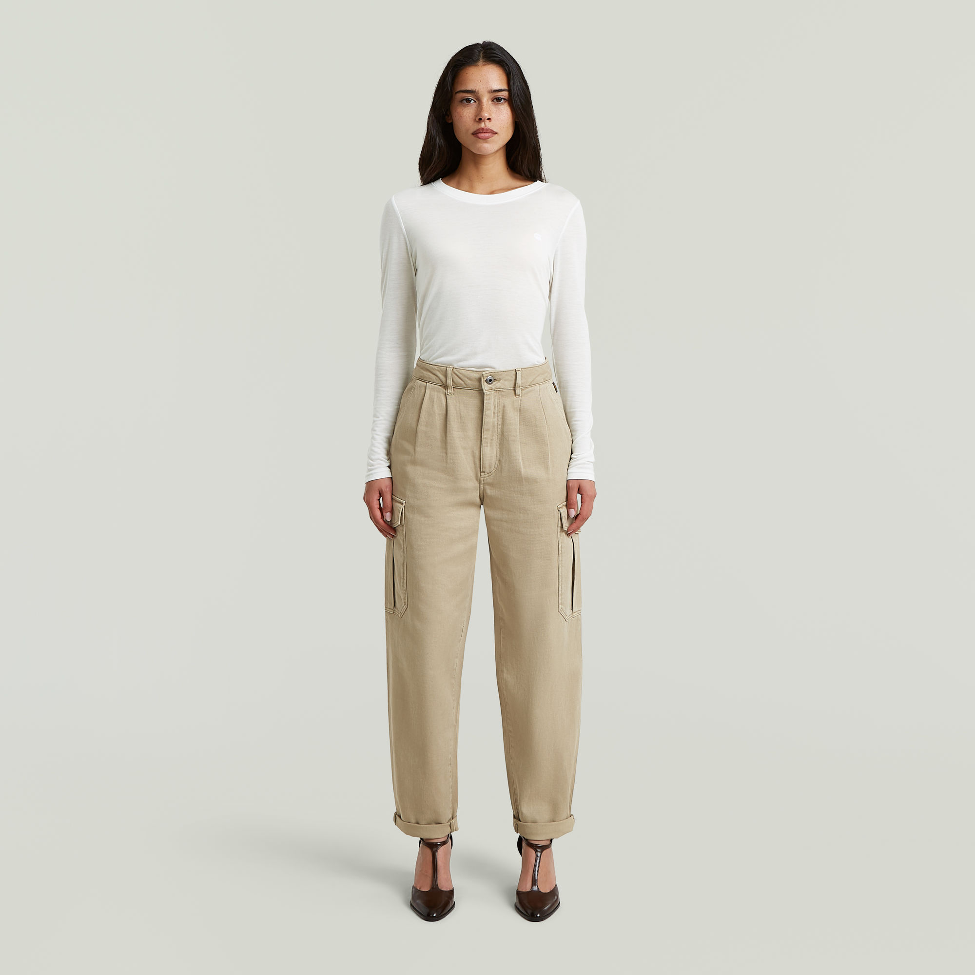 Thumbnail - Pleated Tapered Cargo Chino - Beige - Damen