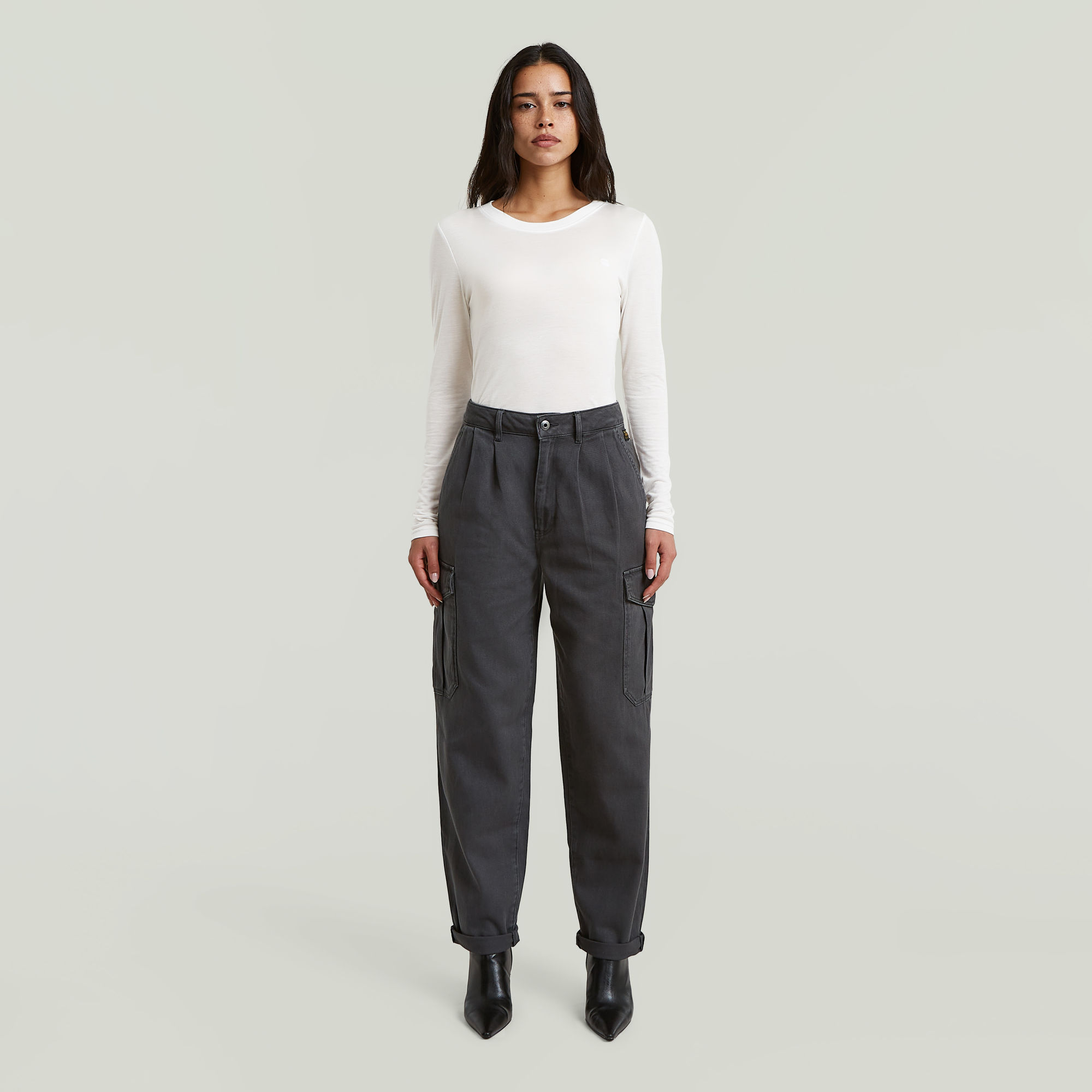 Thumbnail - Pleated Tapered Cargo Chino - Grau - Damen
