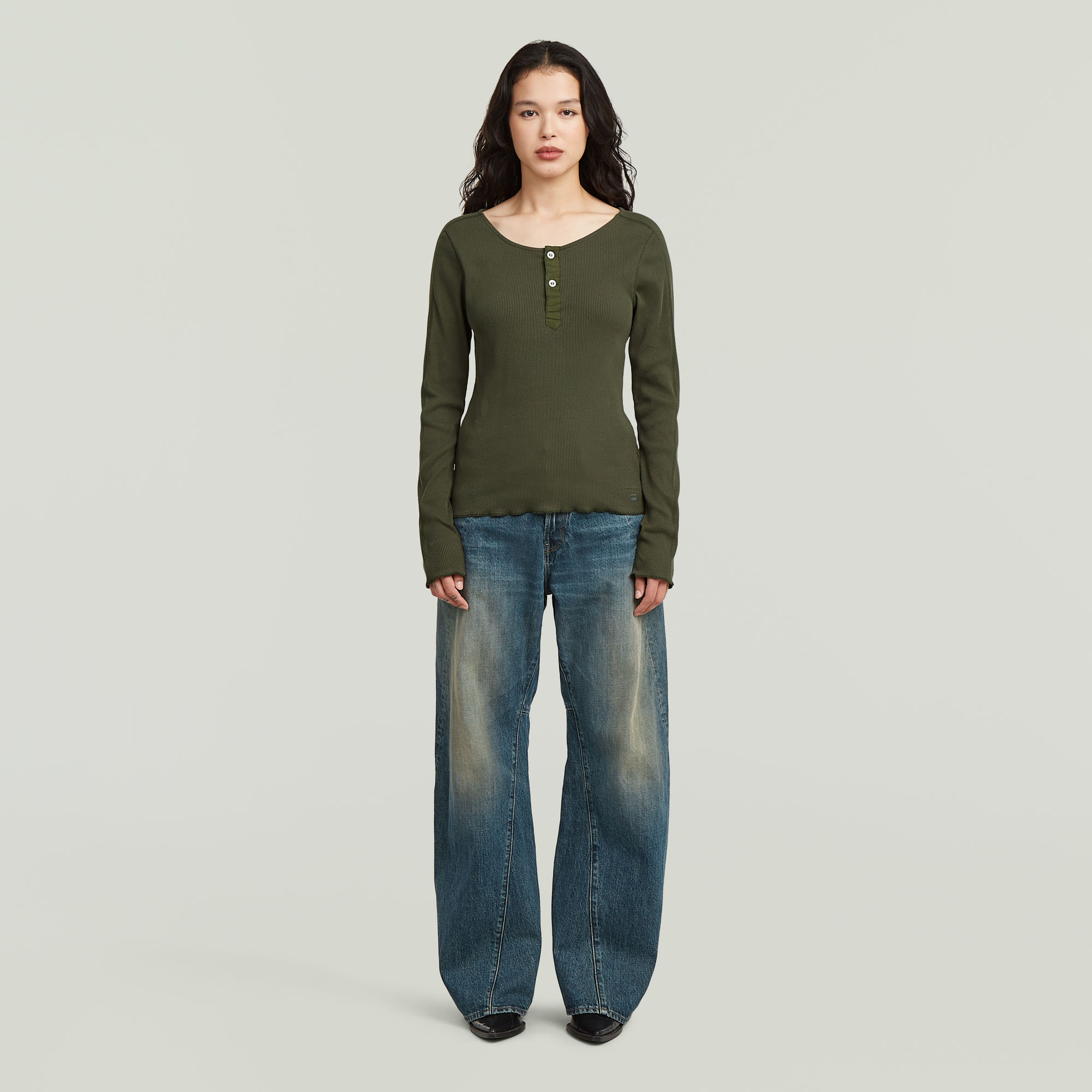 Thumbnail - Slim Henley Long Sleeve T-Shirt - Grau - Damen