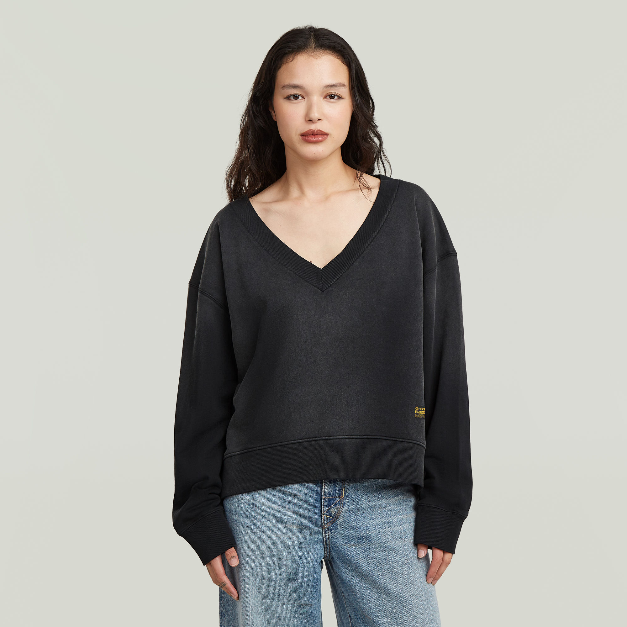 Sunfaded V-Neck Loose Sweatshirt - Schwarz - Damen