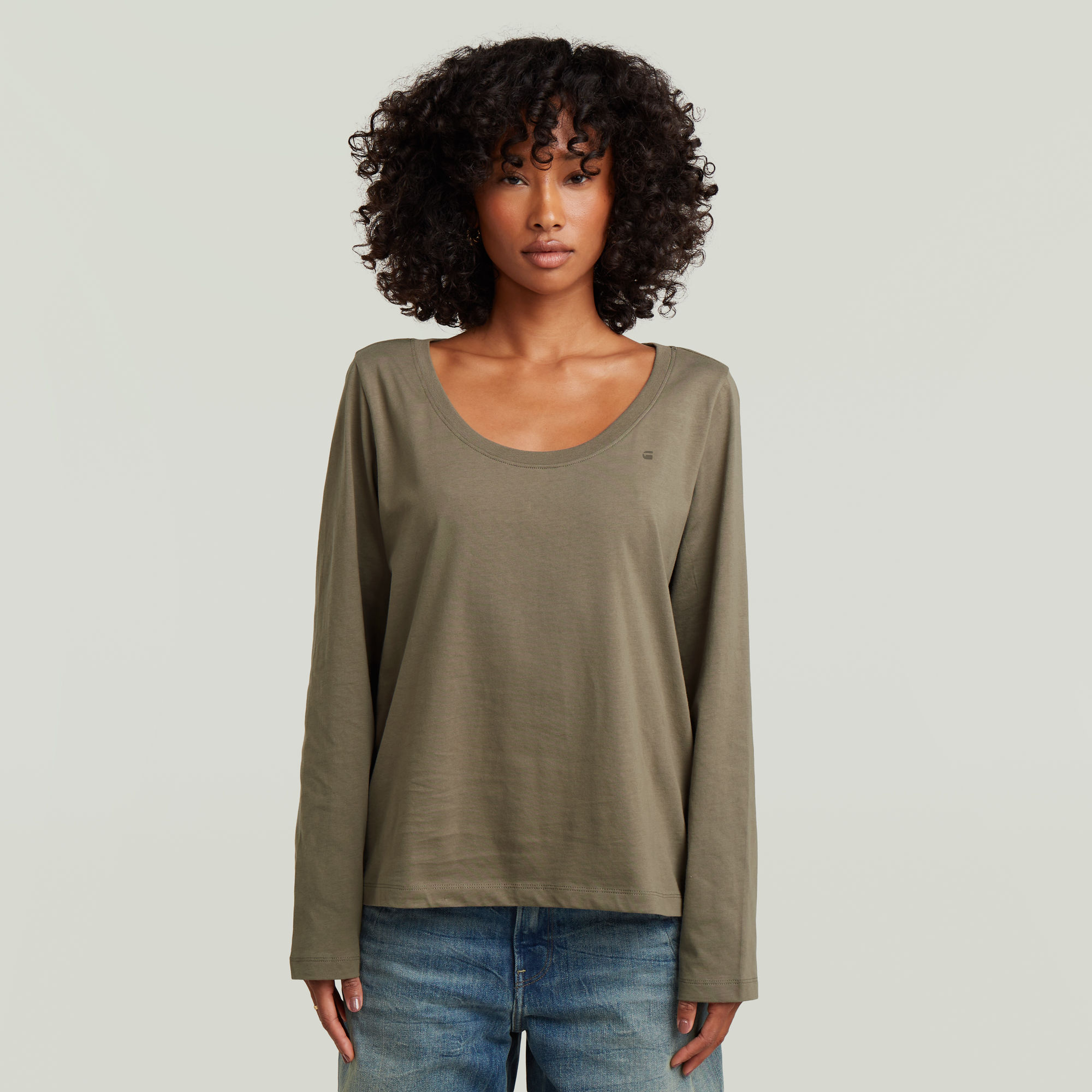 

Scoop Neck Long Sleeve T-Shirt - Braun - Damen