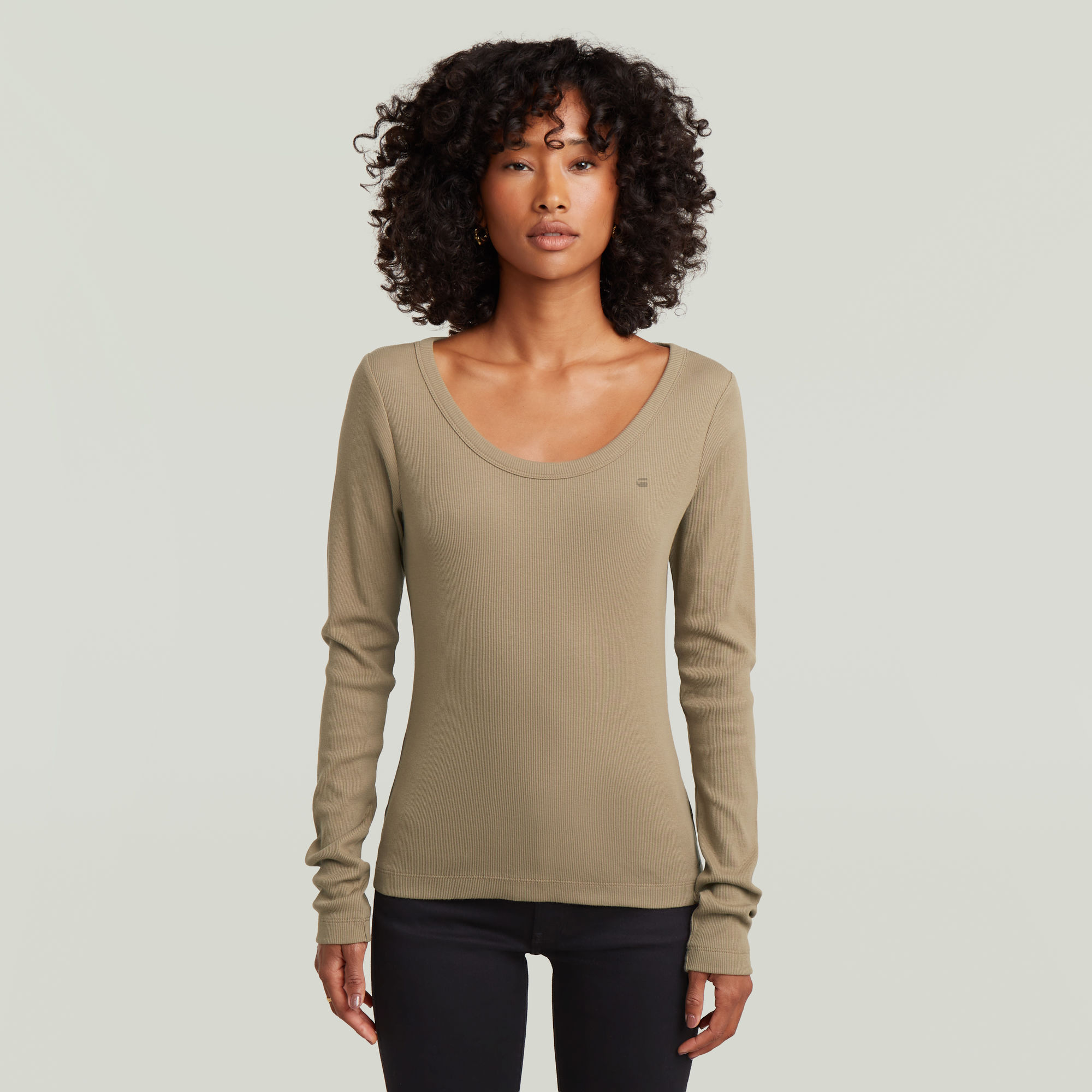 Slim Rib Open Neck T-Shirt - Beige - Damen
