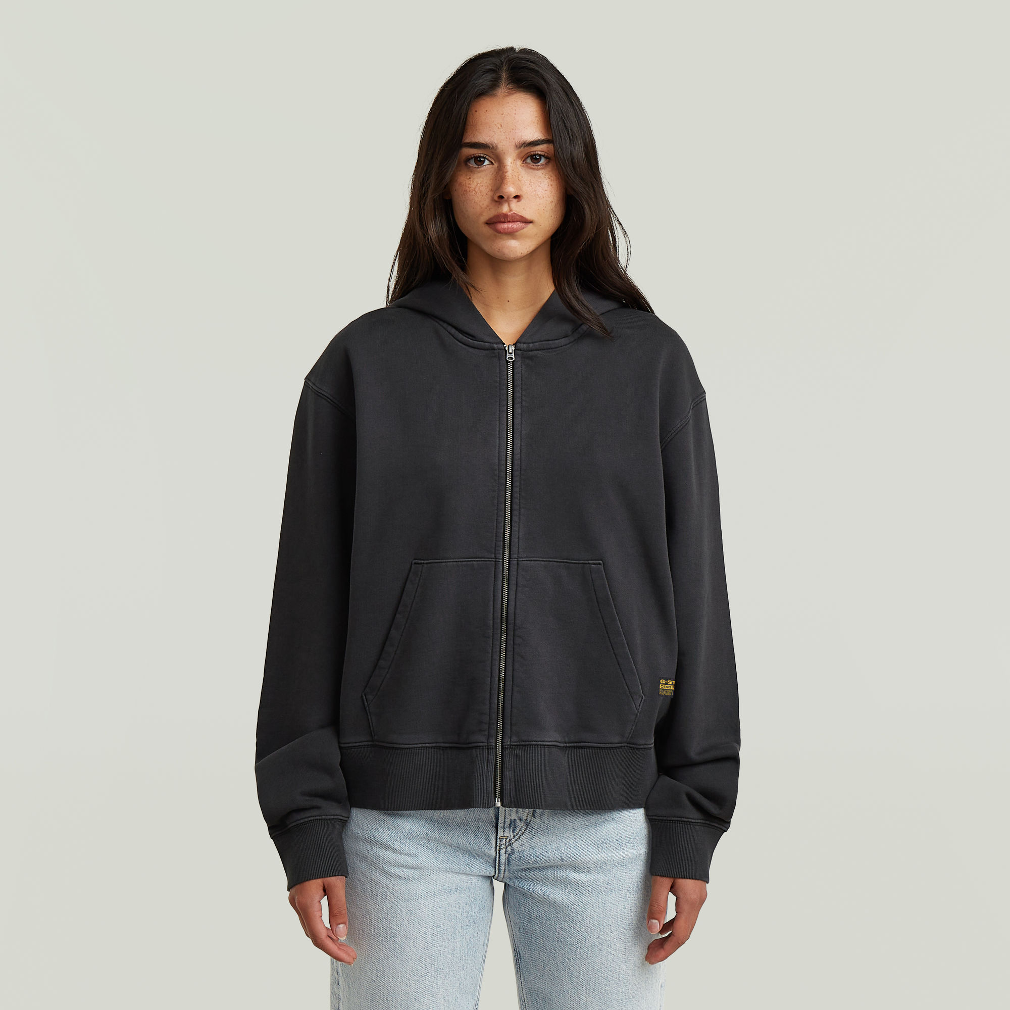 

Washed Hoodie Zip Relaxed Sweater - Black - Women