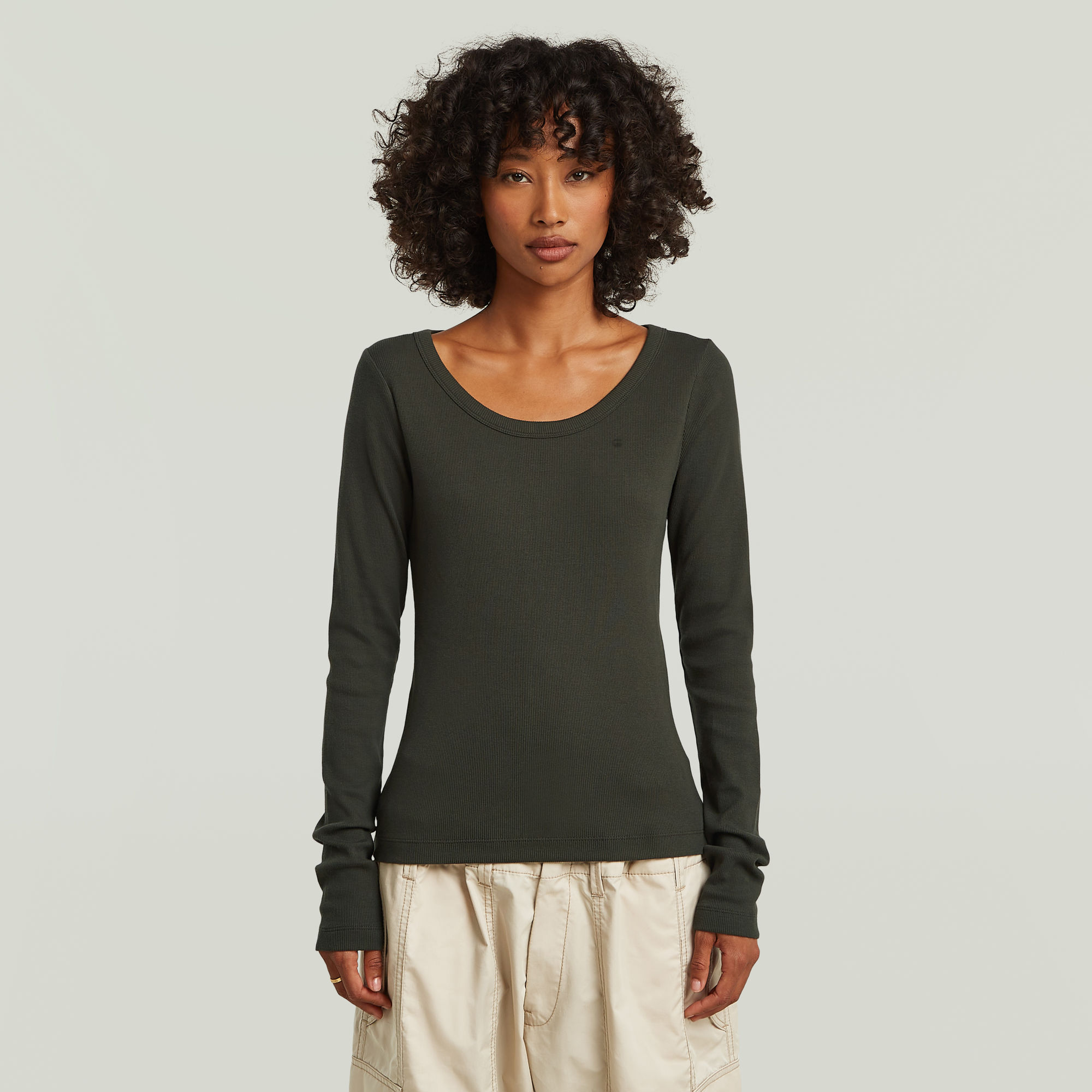 

Slim Rib Open Neck T-Shirt - Grey - Women