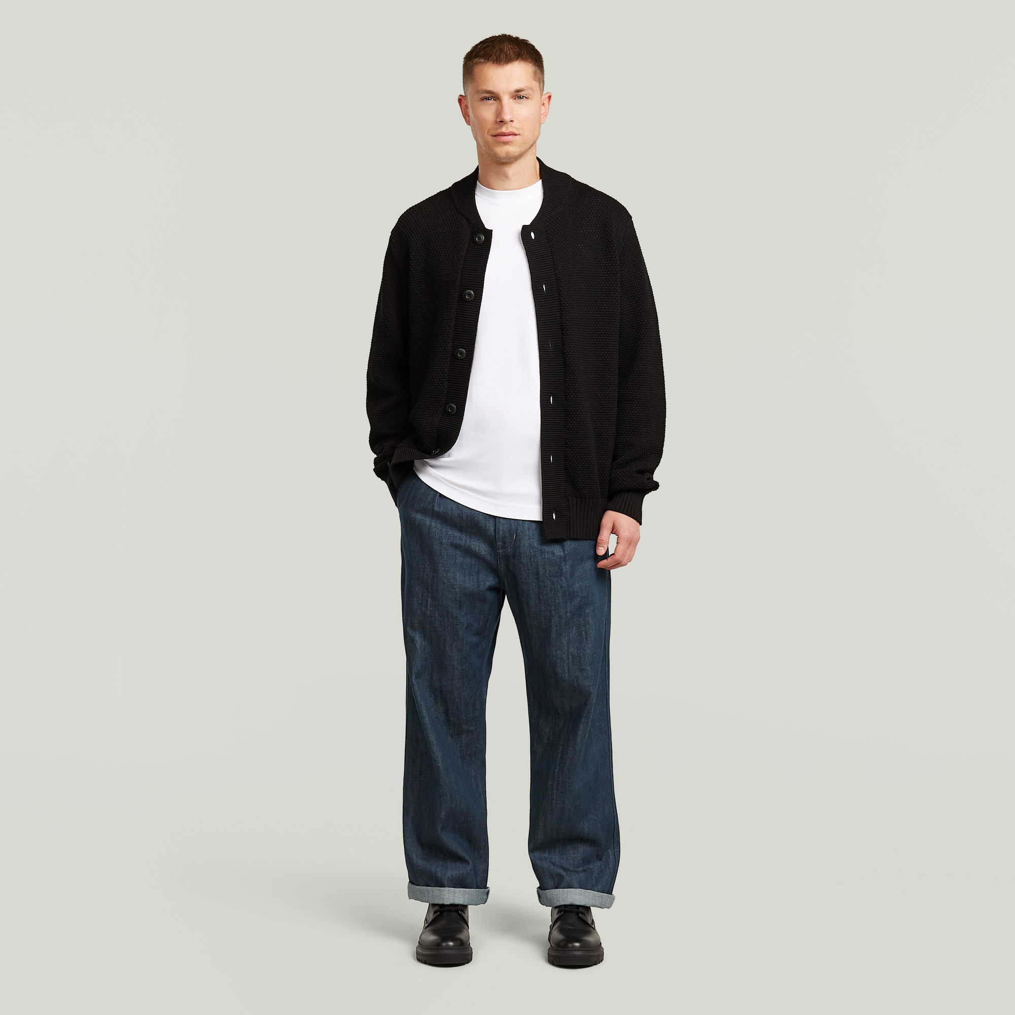 Thumbnail - Honey Comb Structure Cardigan Knit - Schwarz - Herren