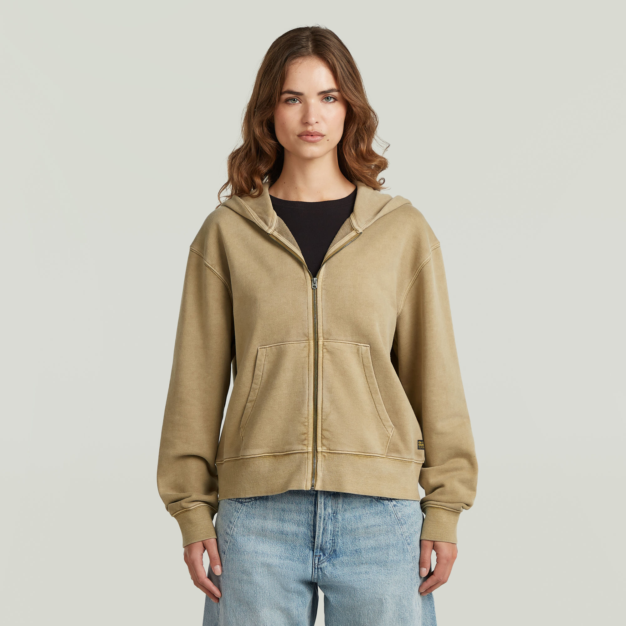Washed Hoodie Zip Relaxed Sweatshirt - Beige - Damen