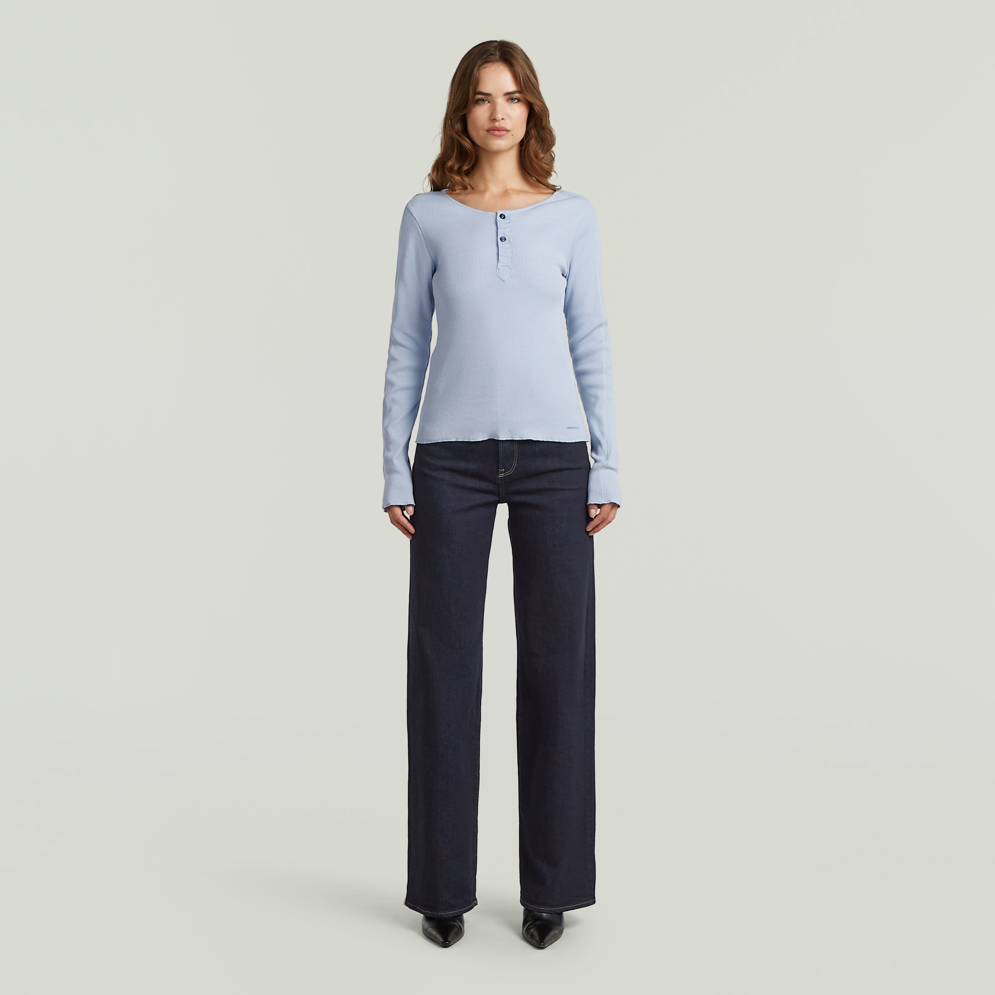 Thumbnail - Slim Henley Long Sleeve T-Shirt - Hellblau - Damen