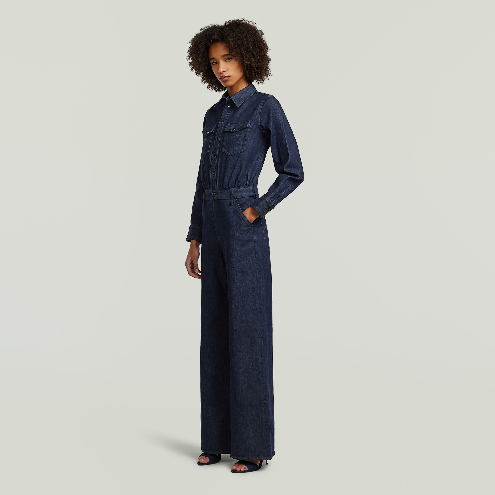 Thumbnail - Western Wide Leg Jumpsuit - Dunkelblau - Damen