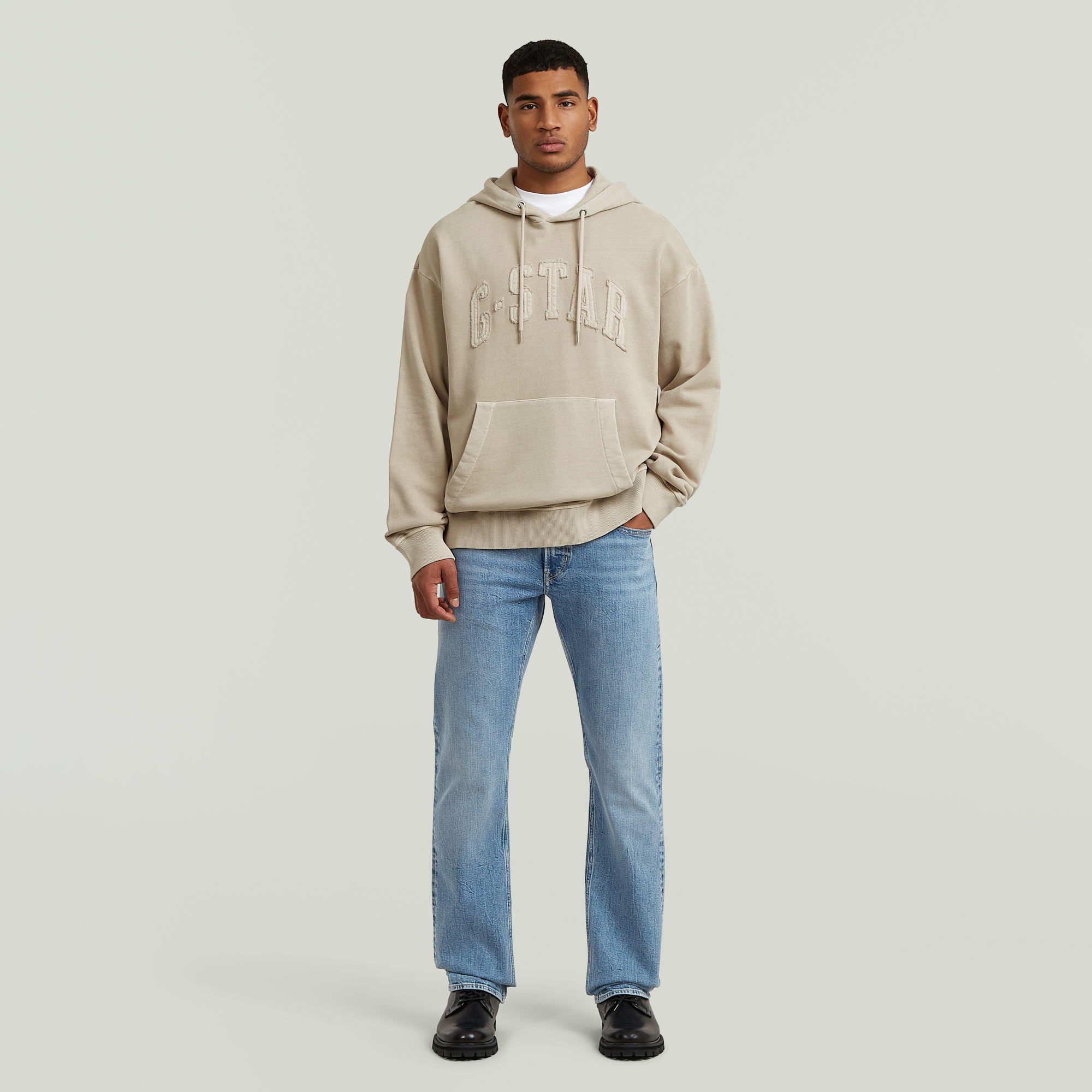 Thumbnail - Applique Relaxed Hoodie Sweater - Beige - Herren