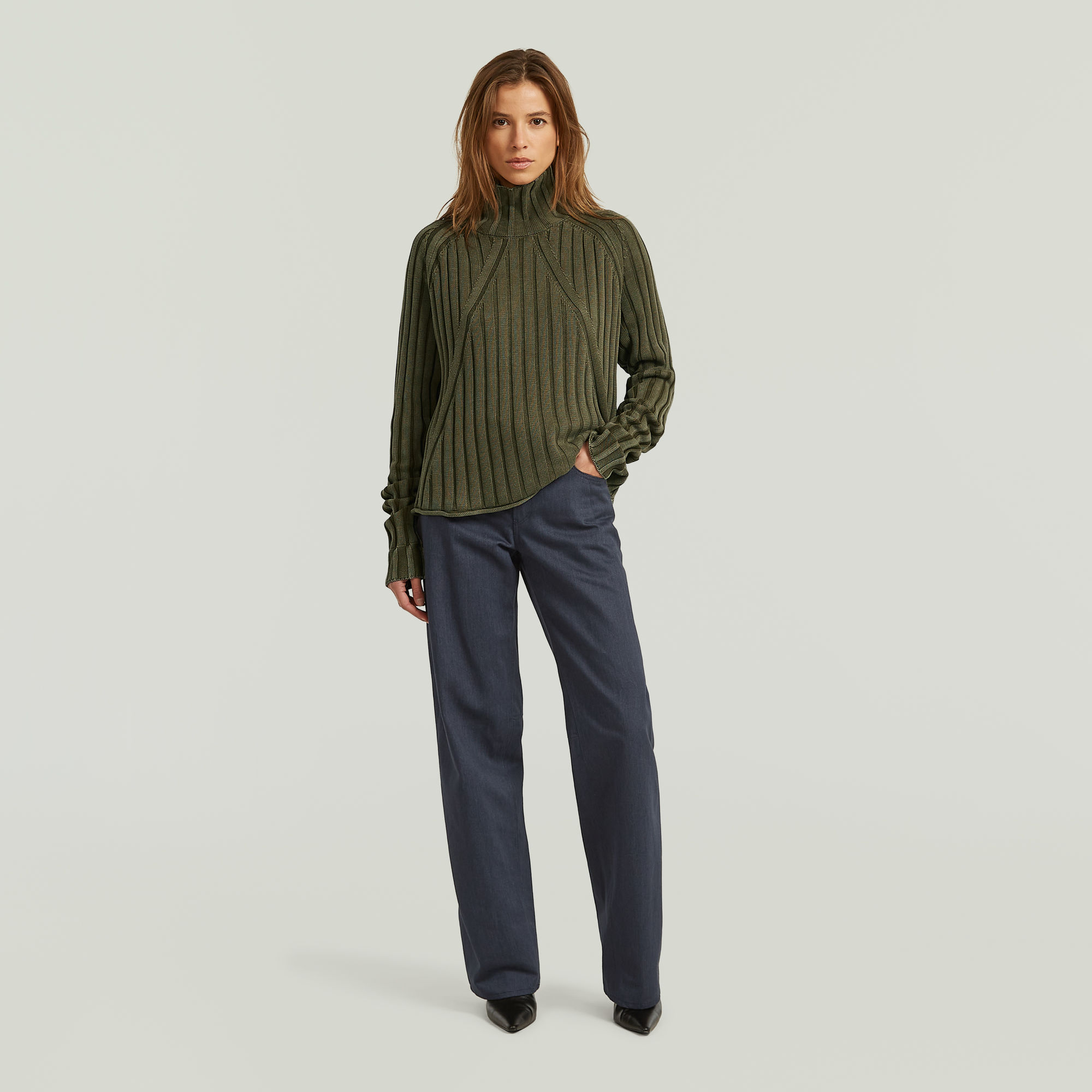 Thumbnail - Washed Loose Turtle Knit - Grün - Damen