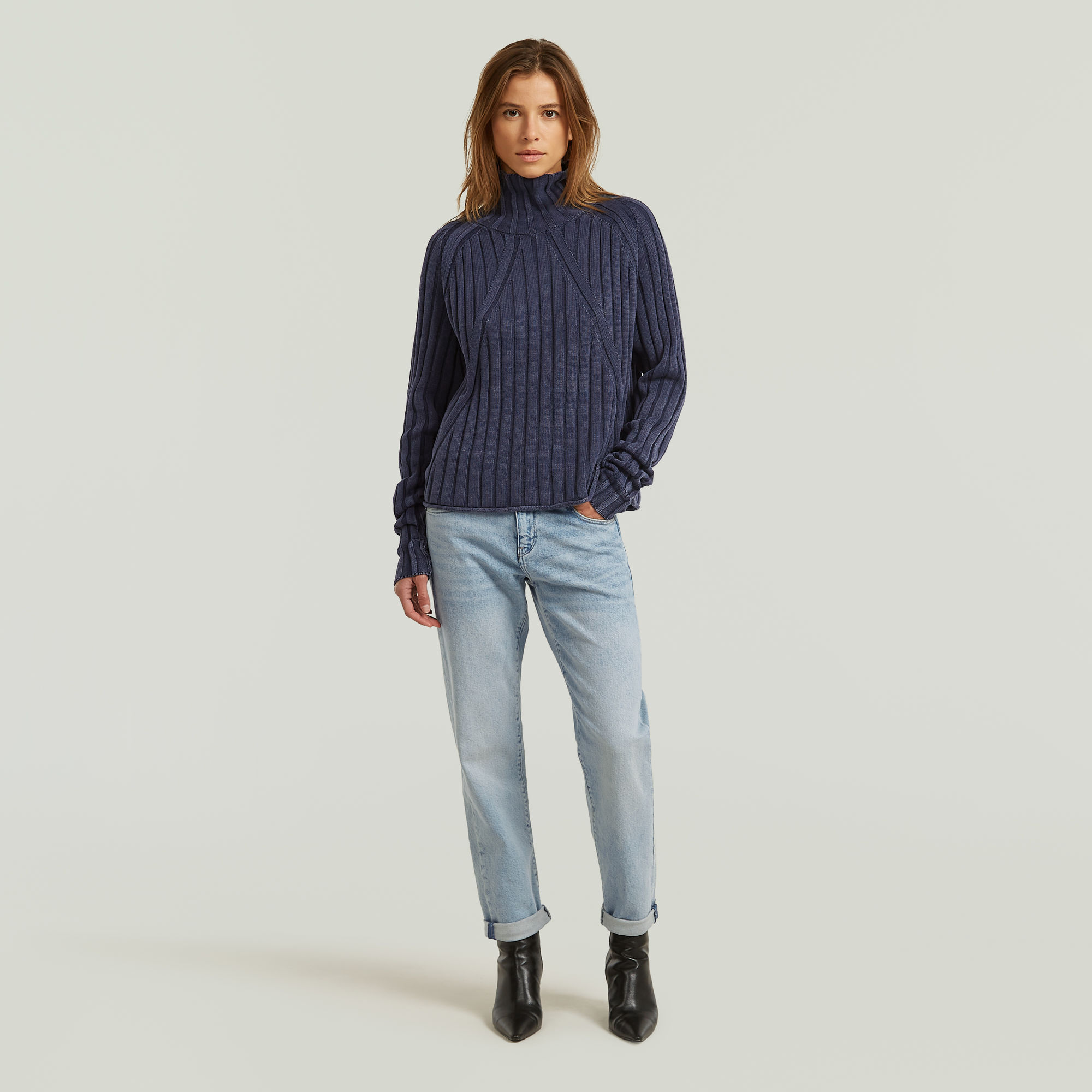 Thumbnail - Washed Loose Turtle Knit - Dunkelblau - Damen