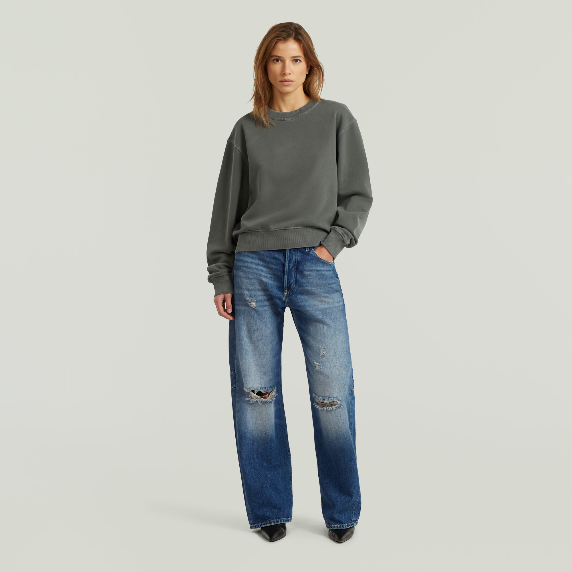 Thumbnail - Washed Relaxed Sweater - Grau - Damen