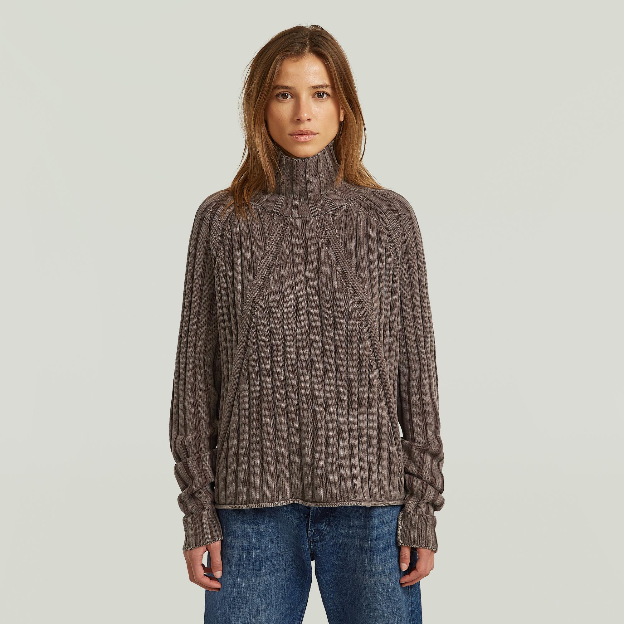 Washed Loose Turtle Knit Pullover - Braun - Damen