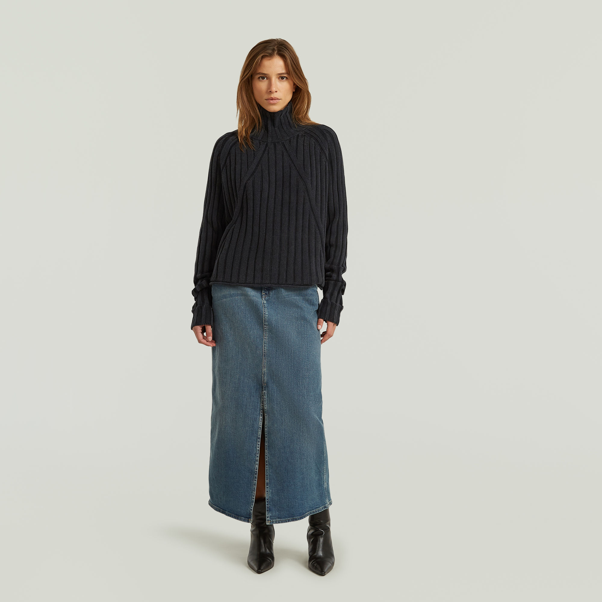 Thumbnail - Washed Loose Turtle Knit - Schwarz - Damen