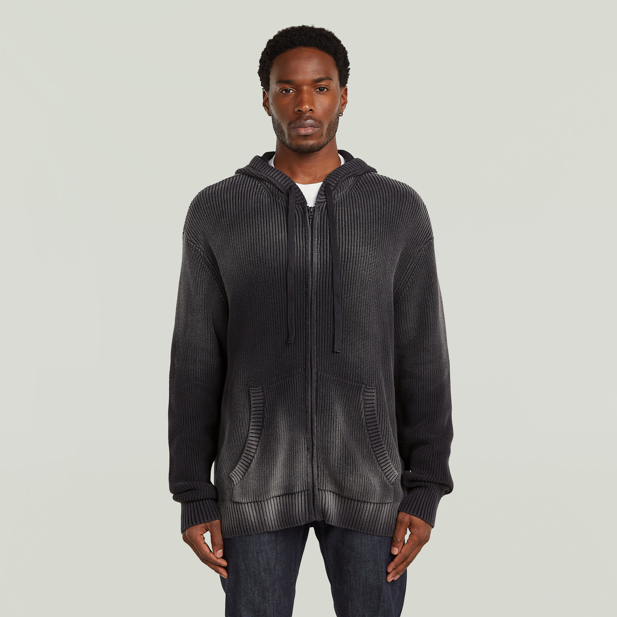 

Sunfaded Loose Hoodie Knit Jacket - Dark blue - Men