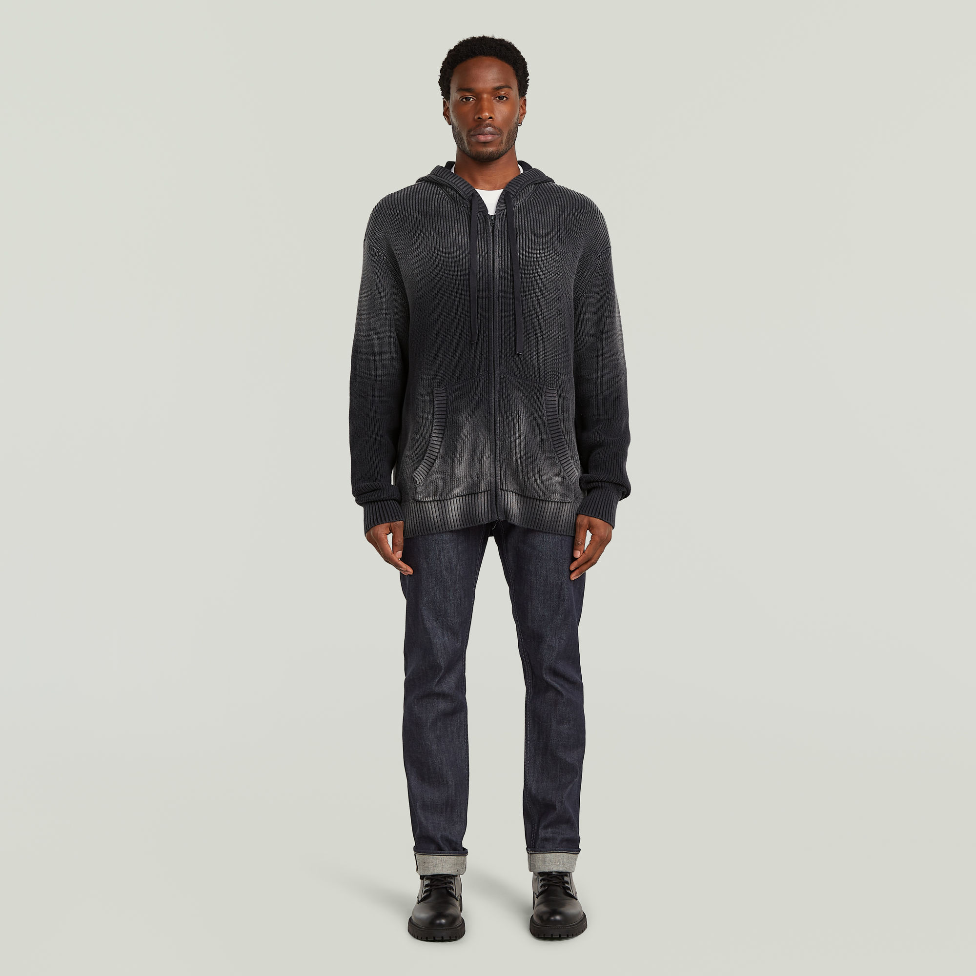 Thumbnail - Sunfaded Loose Hoodie Knit Jacke - Dunkelblau - Herren