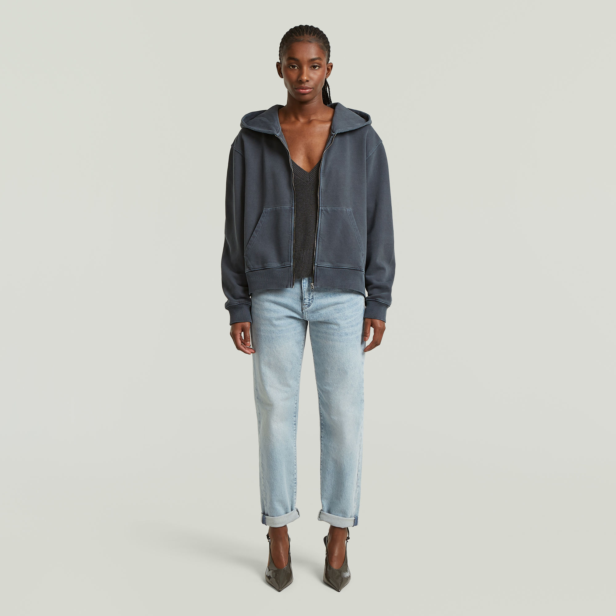 Thumbnail - Washed Hoodie Zip Relaxed Sweatshirt - Dunkelblau - Damen