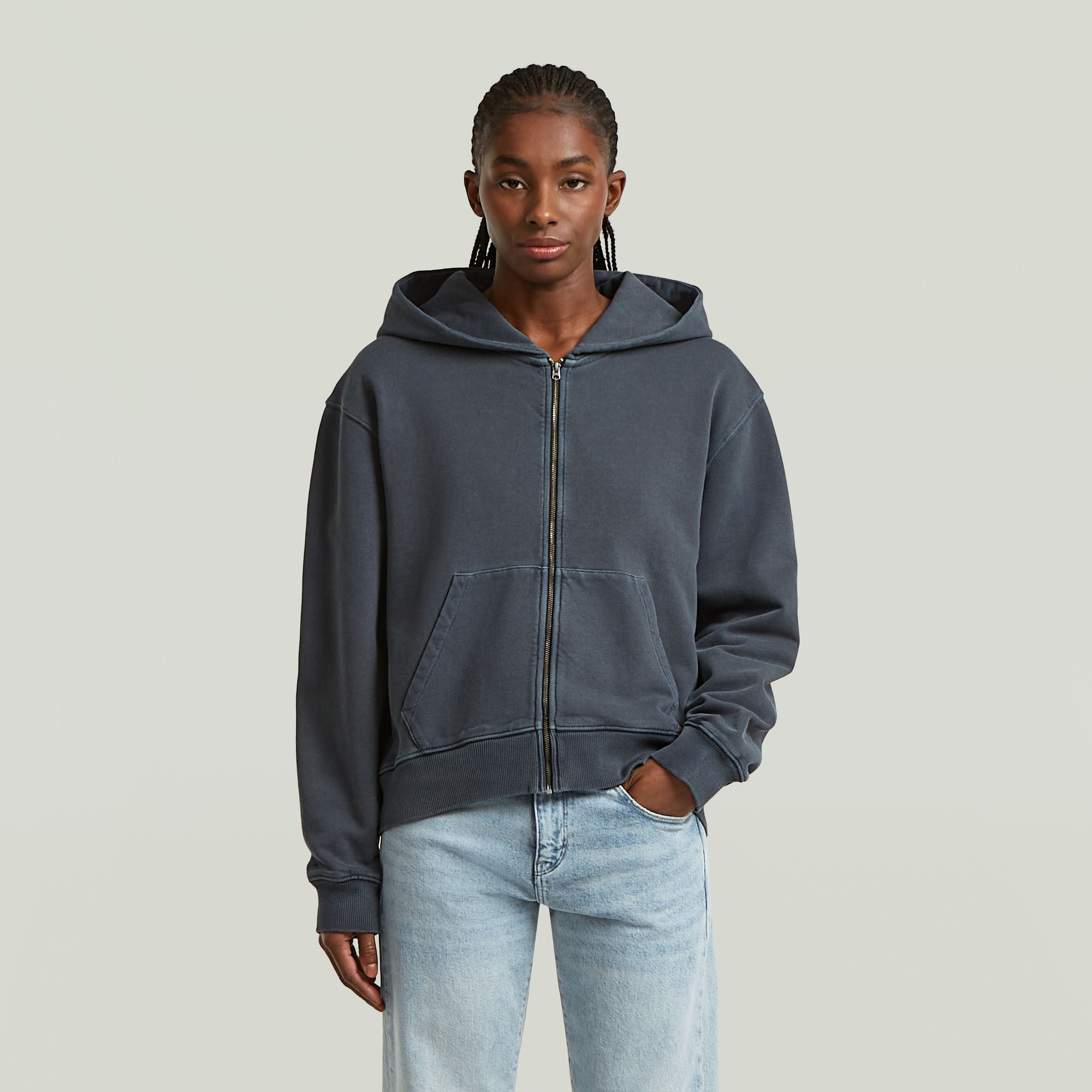 

Washed Hoodie Zip Relaxed Sweater - Dark blue - Women